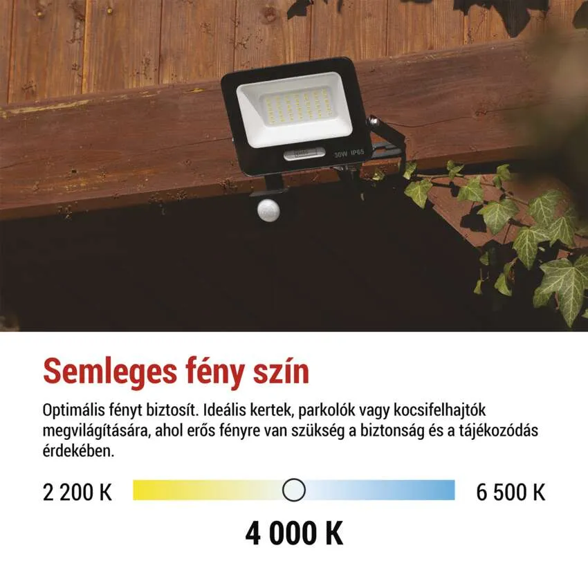 Fekete LED-es reflektor mozgásérzékelővel fa gerendán.