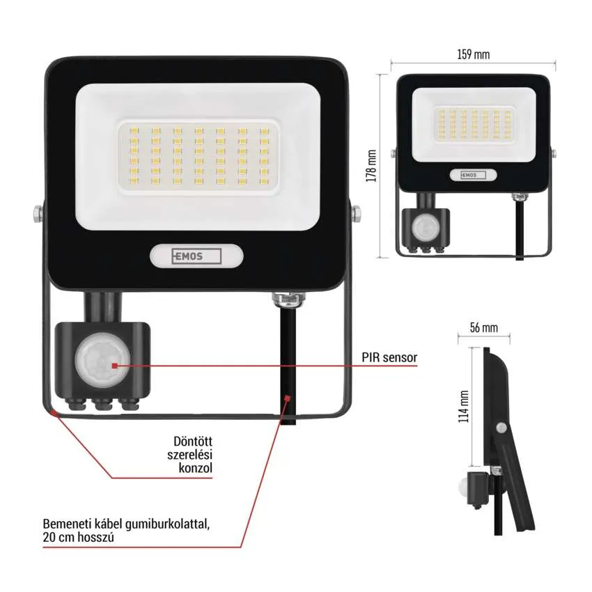 Fekete LED-es reflektor PIR-szenzorral és méretekkel. Méret: 178x159x56mm.