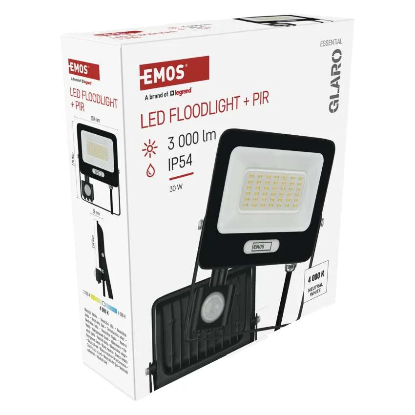 Fekete LED-es reflektor csomagolása PIR-érzékelővel, 3000 lm, IP54.