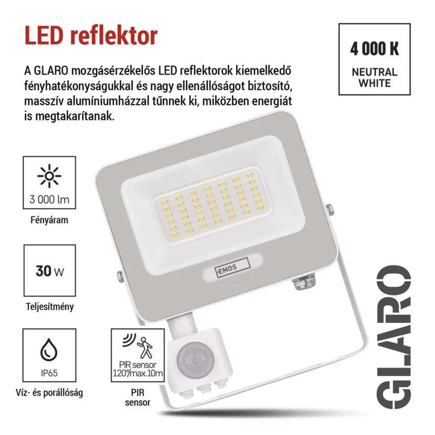 Szürke LED reflektor mozgásérzékelővel, 3000 lm, 30 W, IP65. 4000 K Neutrál Fehér.