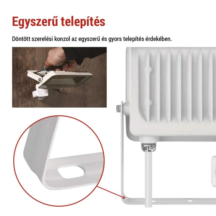 Egy fehér reflektor szerelőkerettel látható. Közelkép egy keretről.