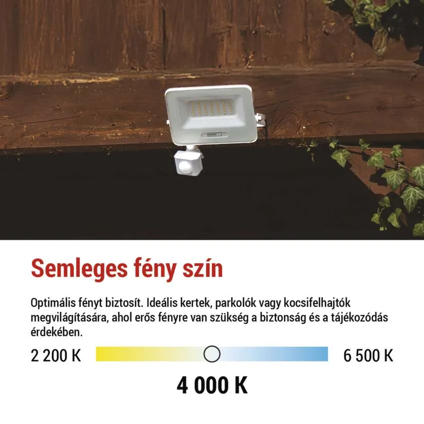 Egy fehér LED-es reflektor mozgásérzékelővel van rögzítve egy fa gerendához.