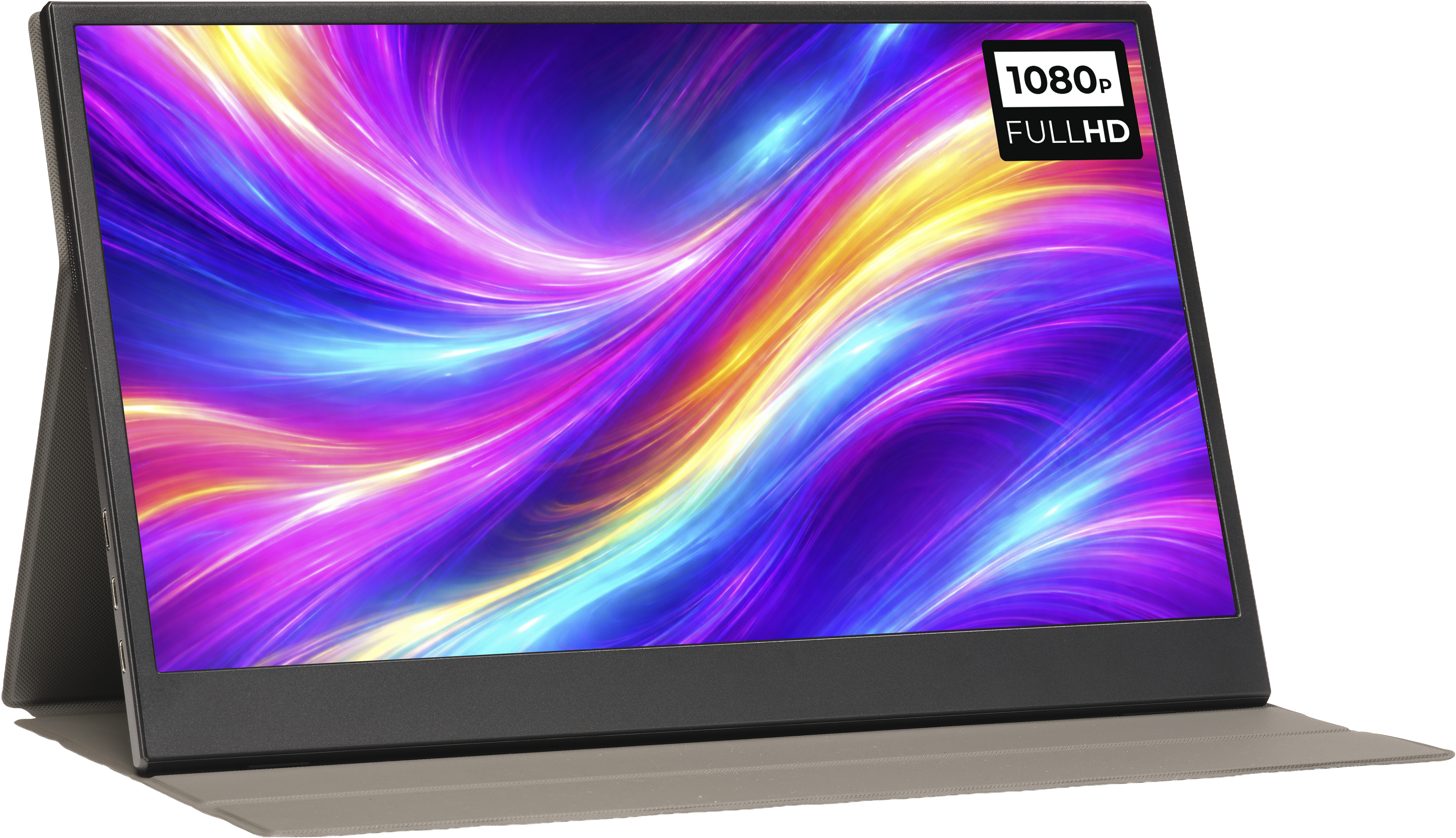Ein tragbarer Monitor mit bunten Wellenmustern auf dem Bildschirm und einem Ständer.