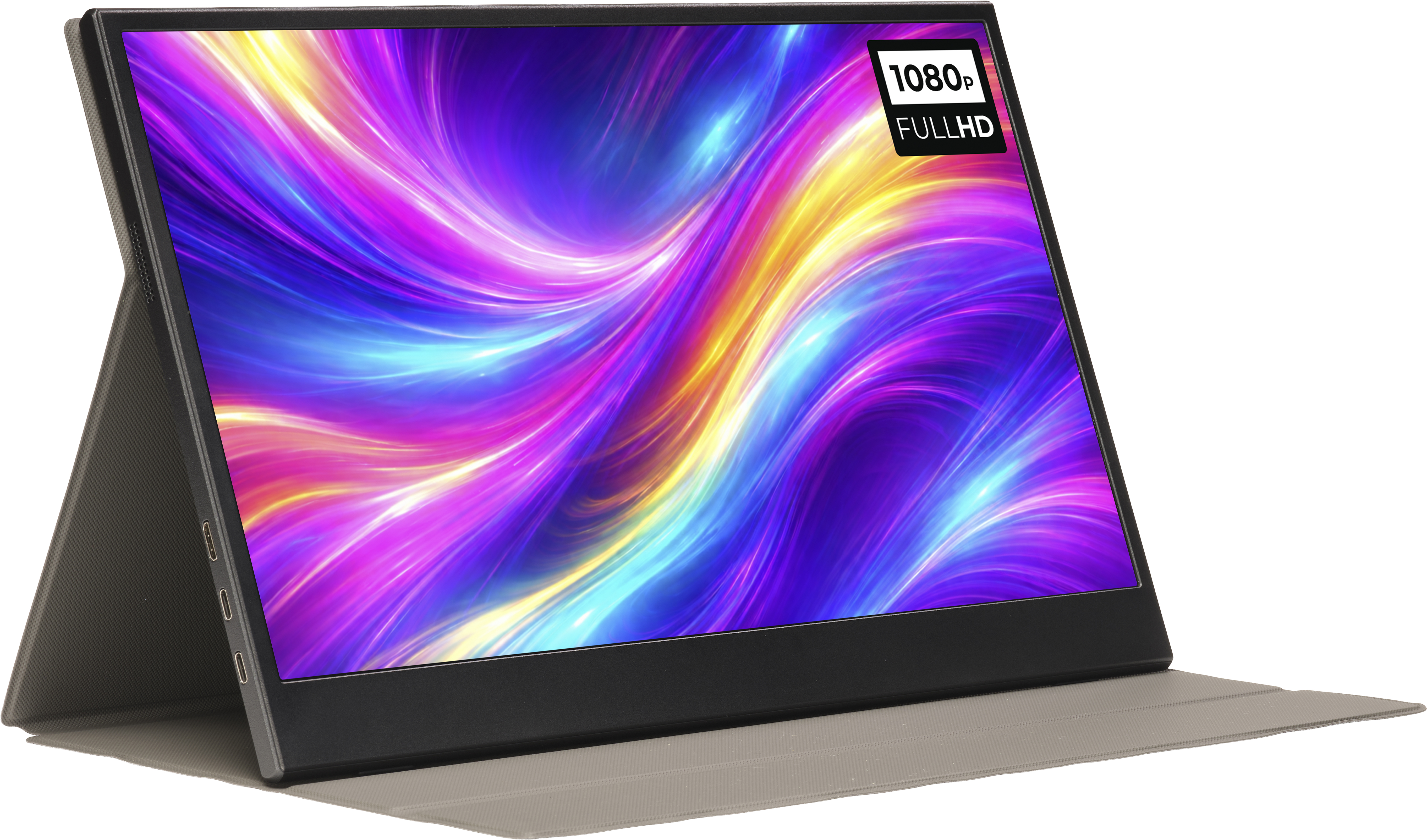 Ein tragbarer Monitor mit einem lebendigen, abstrakten Hintergrundbild.