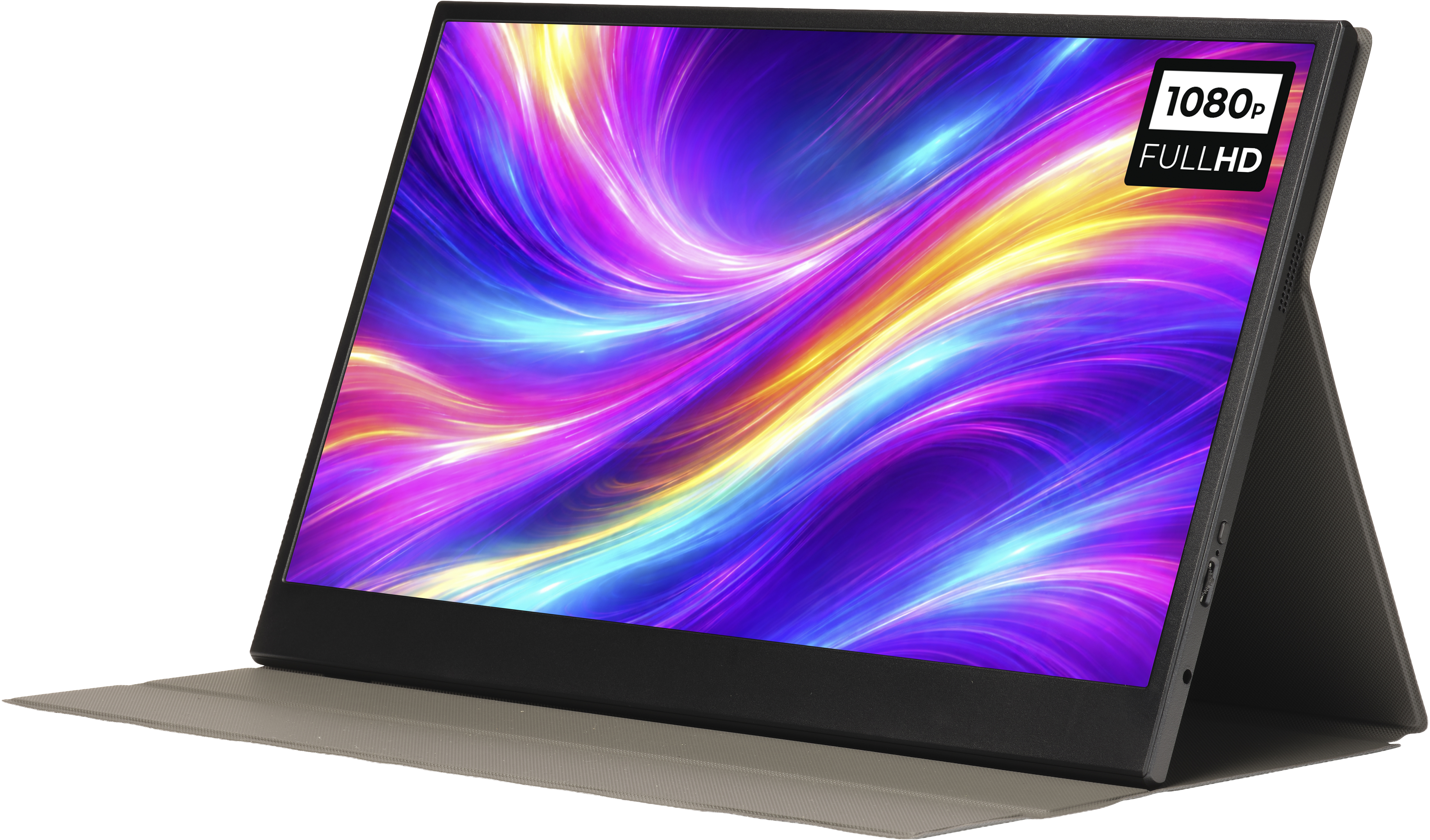 Ein tragbarer Monitor mit einem bunten abstrakten Hintergrund und 1080p Full HD.