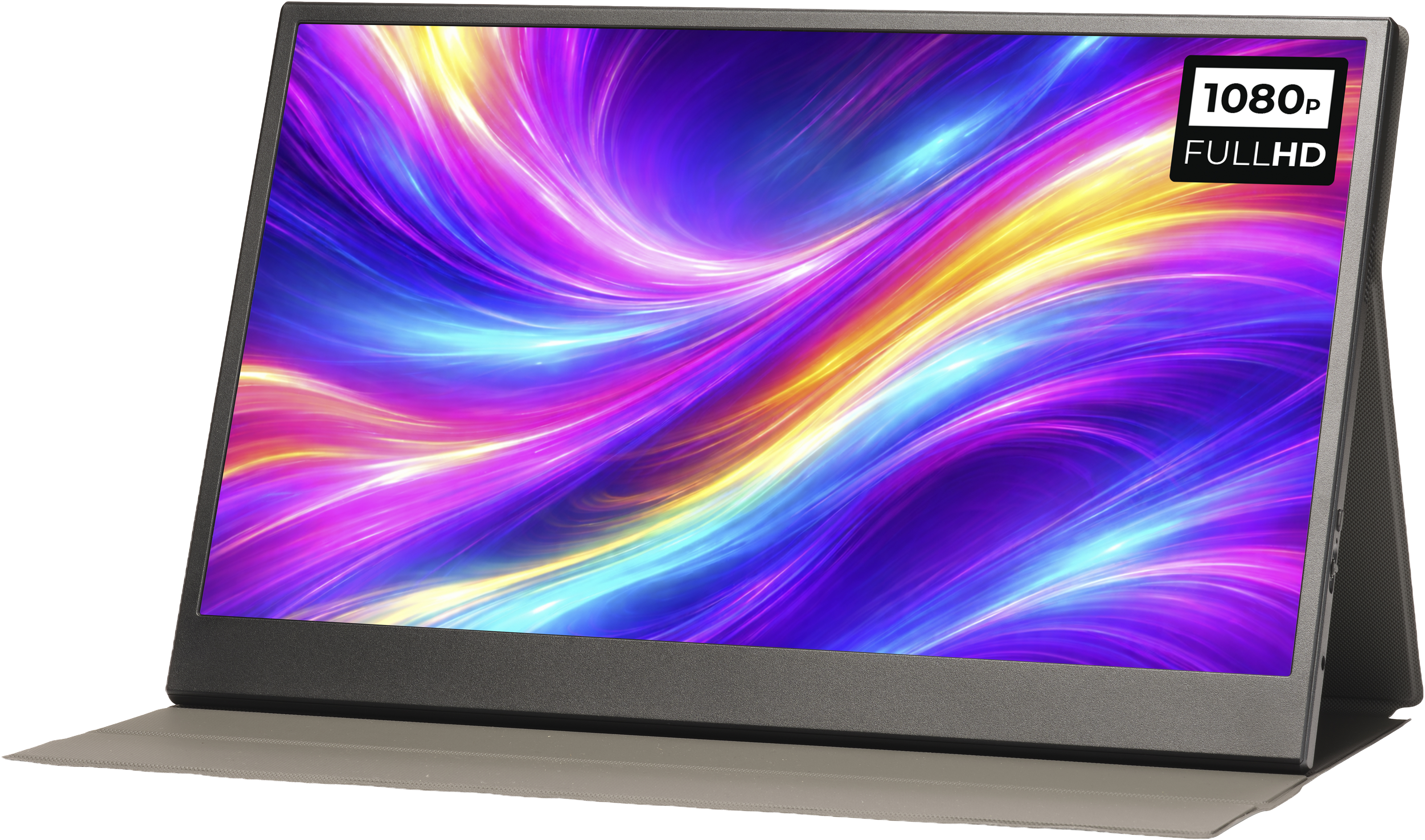 Ein tragbarer Monitor mit 1080p Full HD-Auflösung und einem abstrakten, bunten Hintergrund.