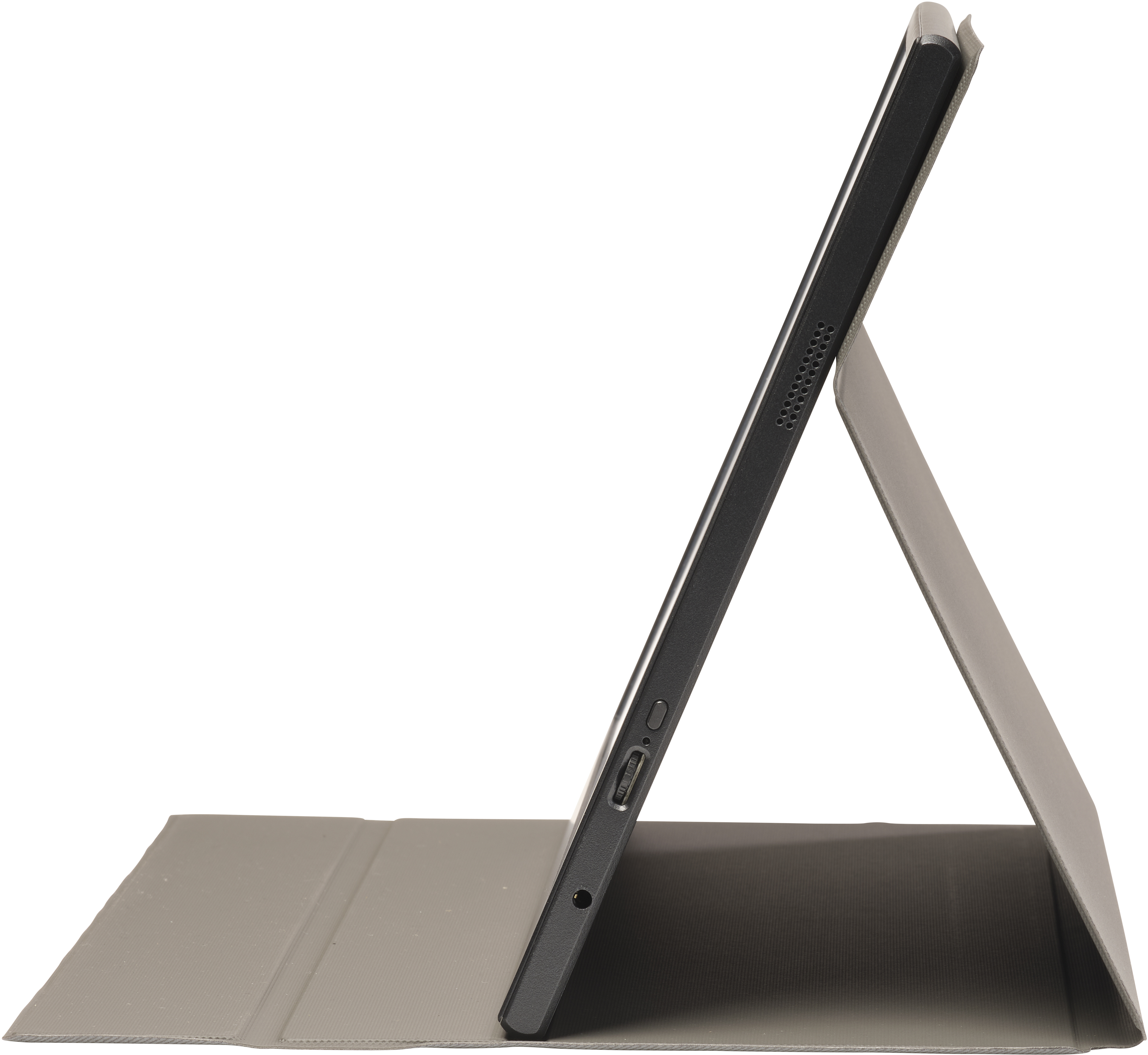 Ein Tablet in einer grauen Hülle mit Ständer, von der Seite gesehen.