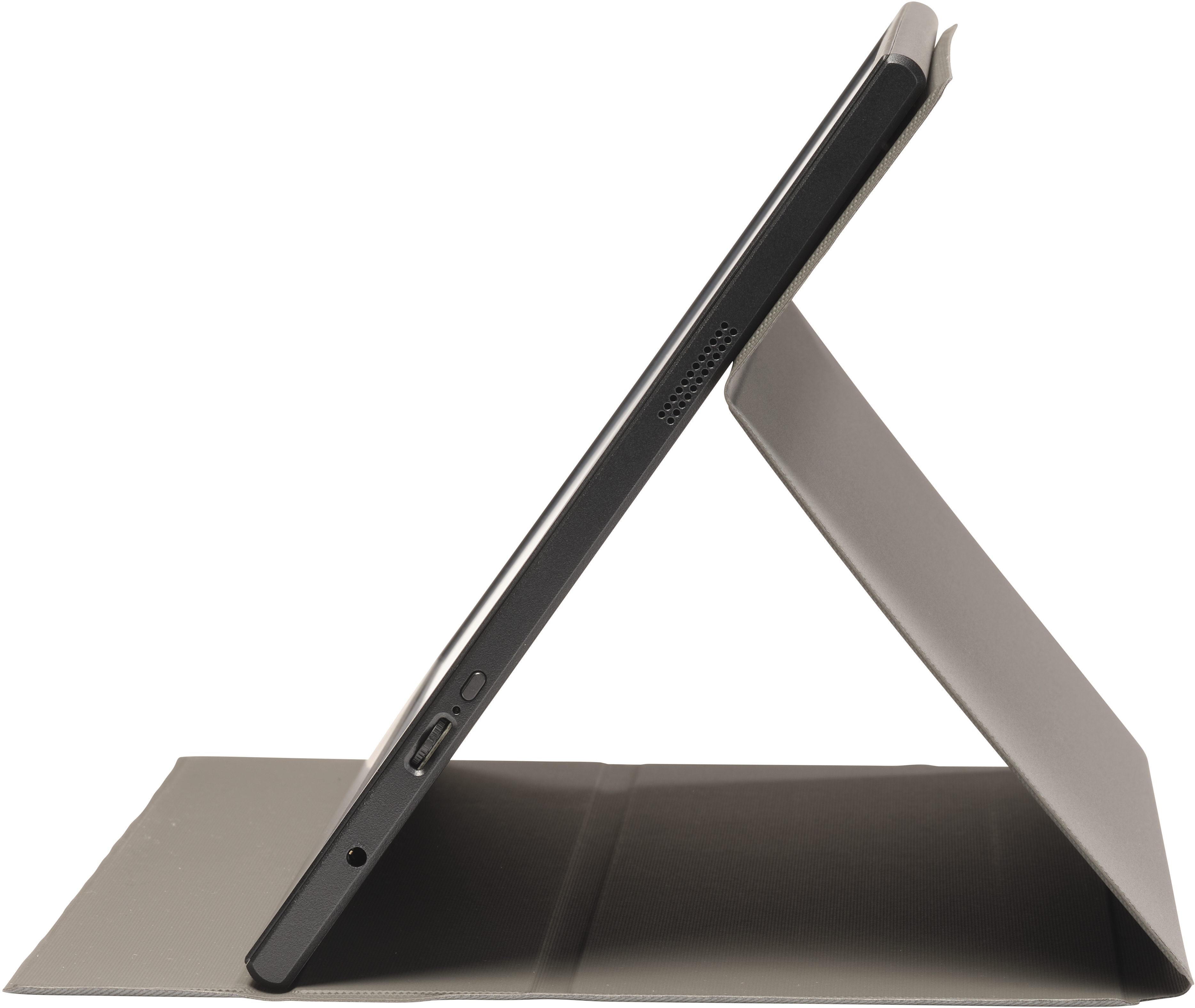 Schwarzes Tablet in einem grauen Ständer, Seitenansicht.