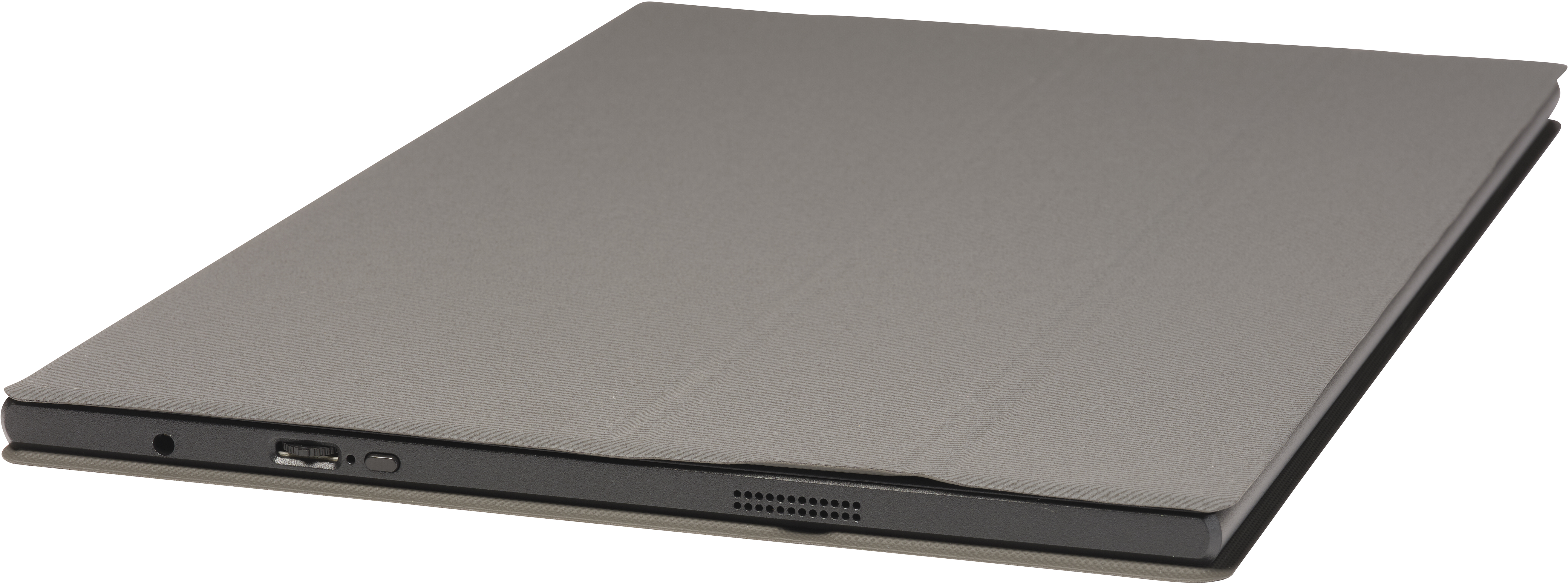 Eine graue Tablet-Hülle ist geschlossen, seitliche Anschlüsse sind sichtbar.