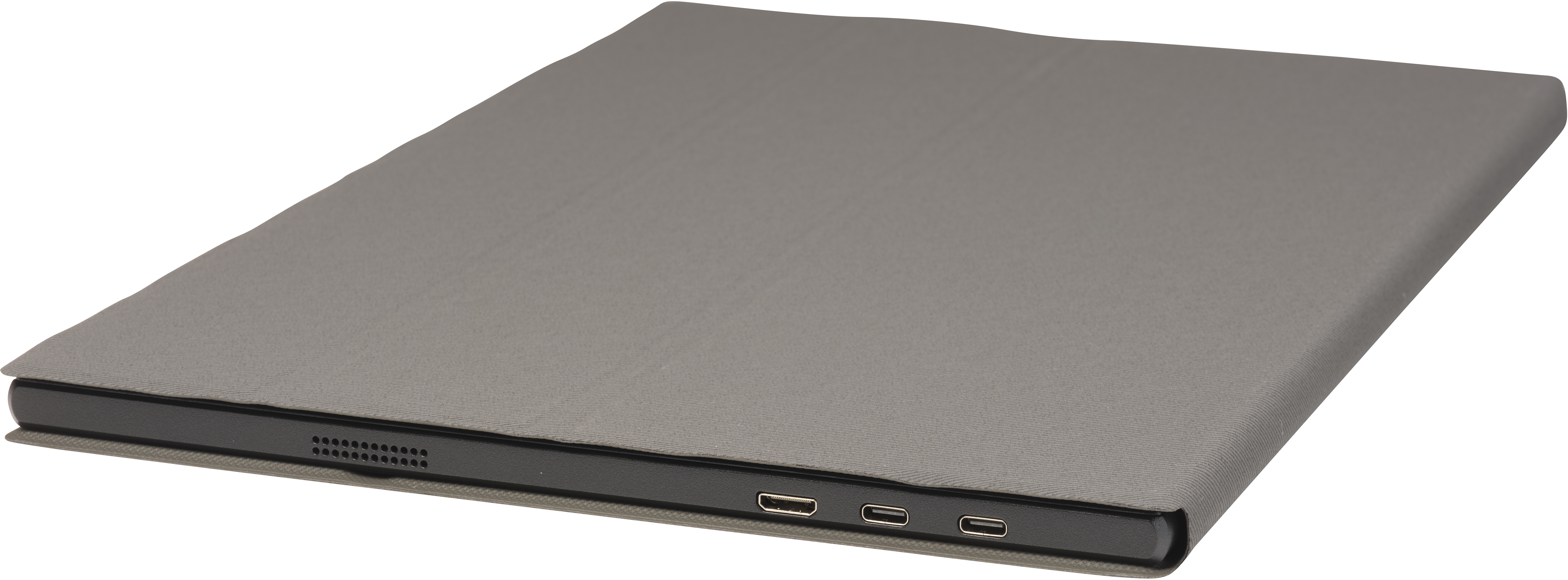 Ein graues Tablet mit Hülle, das auf einer Seite Anschlüsse zeigt.