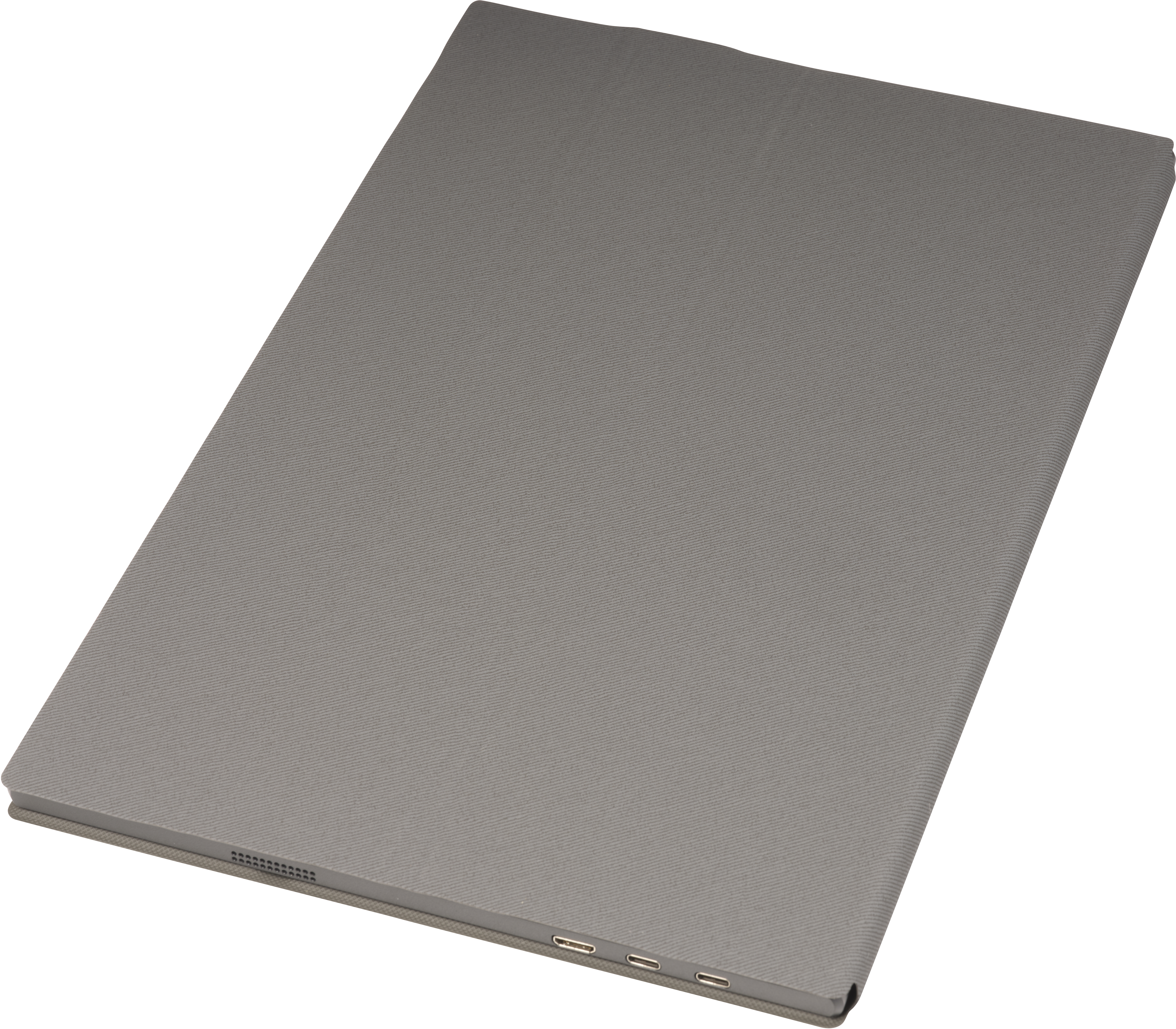 Graues Tablet mit offenem Ständer und sichtbaren Anschlüssen.