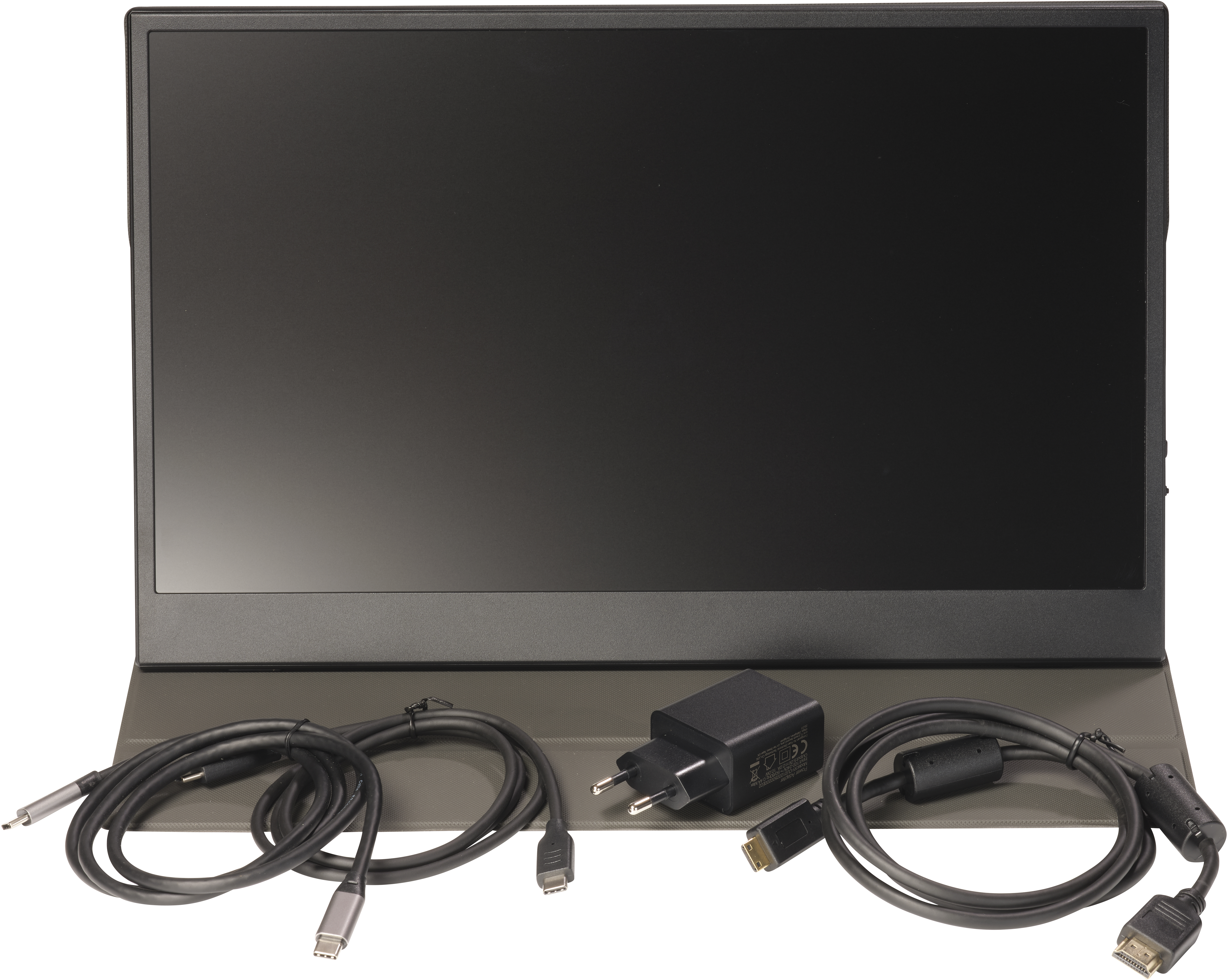 Tragbarer Monitor mit USB-C-, HDMI-Kabeln und Netzteil.