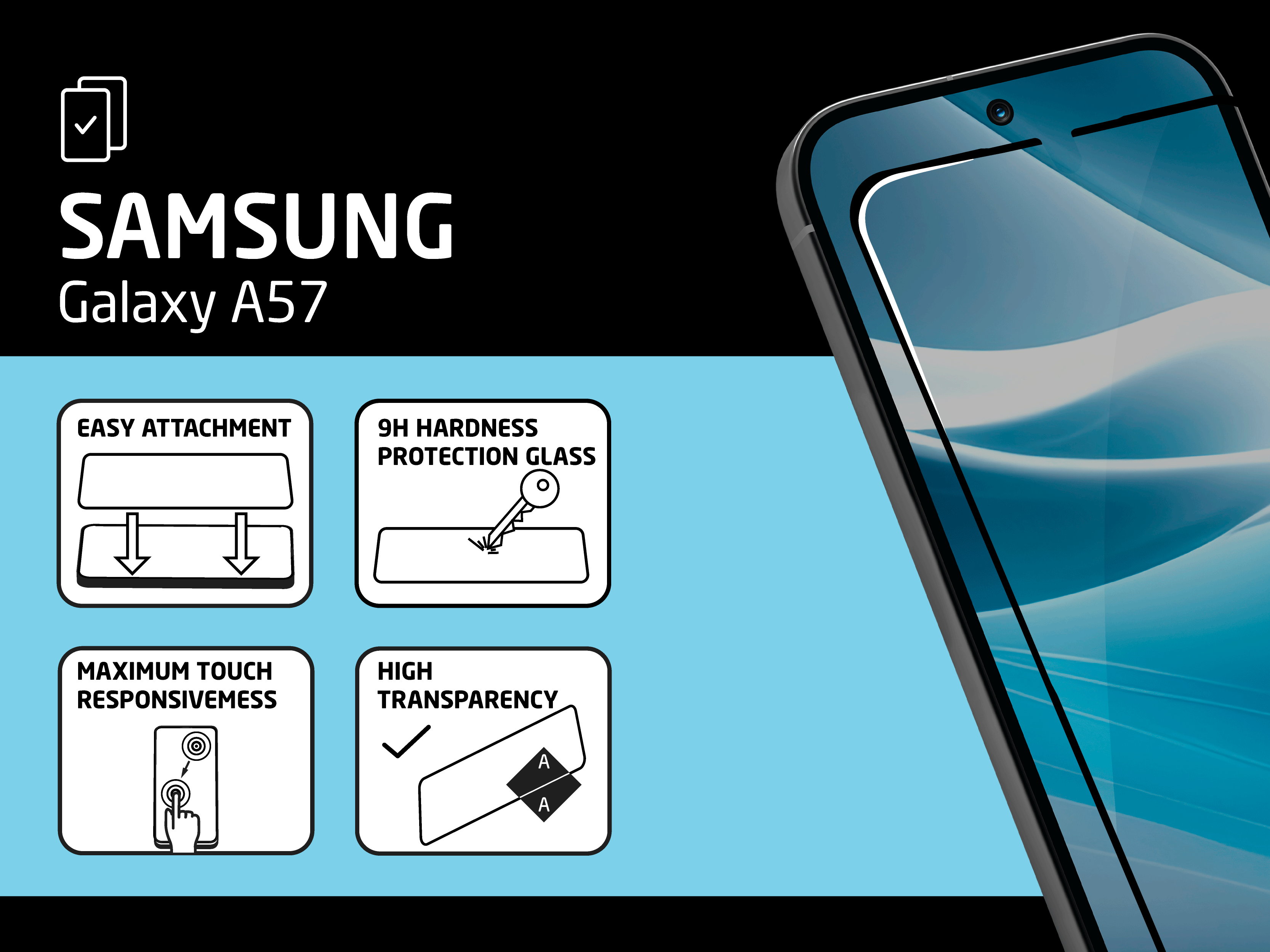 Samsung Galaxy A57 mit Schutzglas-Merkmalen: einfache Anbringung, 9H Härte, Berührung, Transparenz.