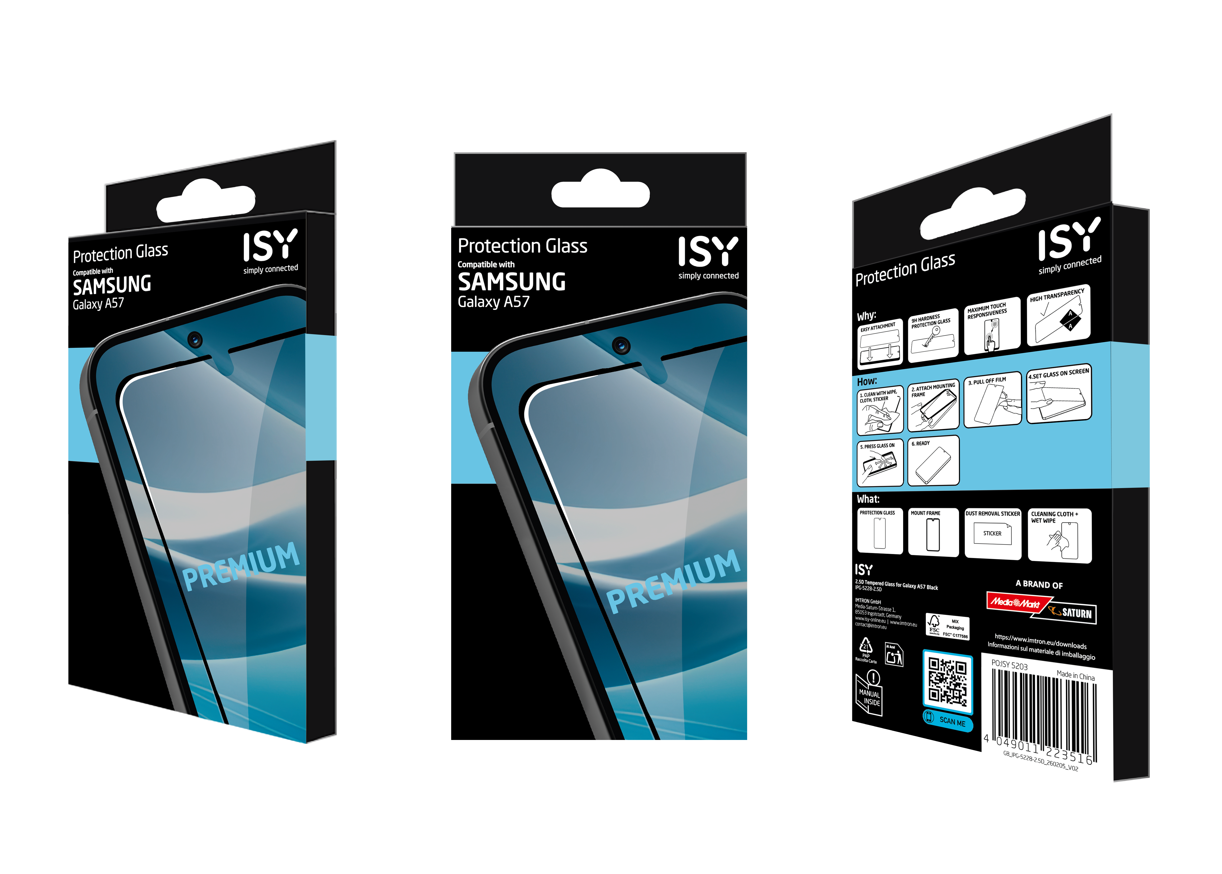 Verpackung für Displayschutzglas für Samsung Galaxy A57 mit Anleitung.