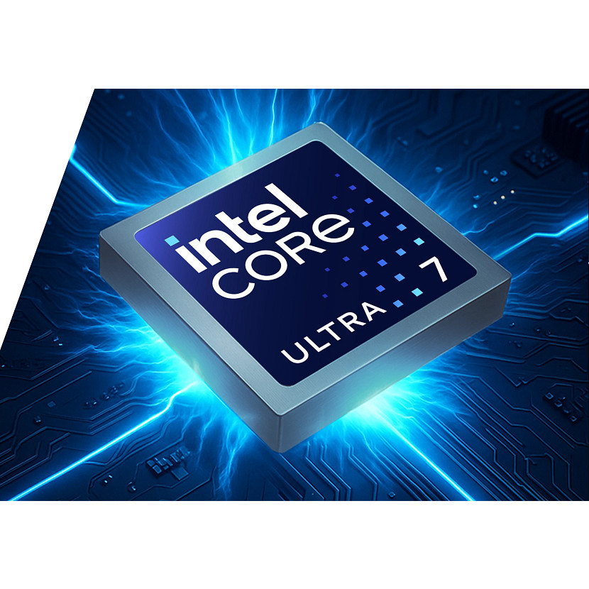 Ein Intel Core Ultra 7 Prozessor mit blauen Energieblitzen auf einer Leiterplatte.
