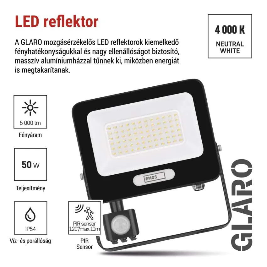 Fekete LED reflektor PIR-érzékelővel. Specifikációk: 5000 lm, 50 W, IP54, 4000 K.