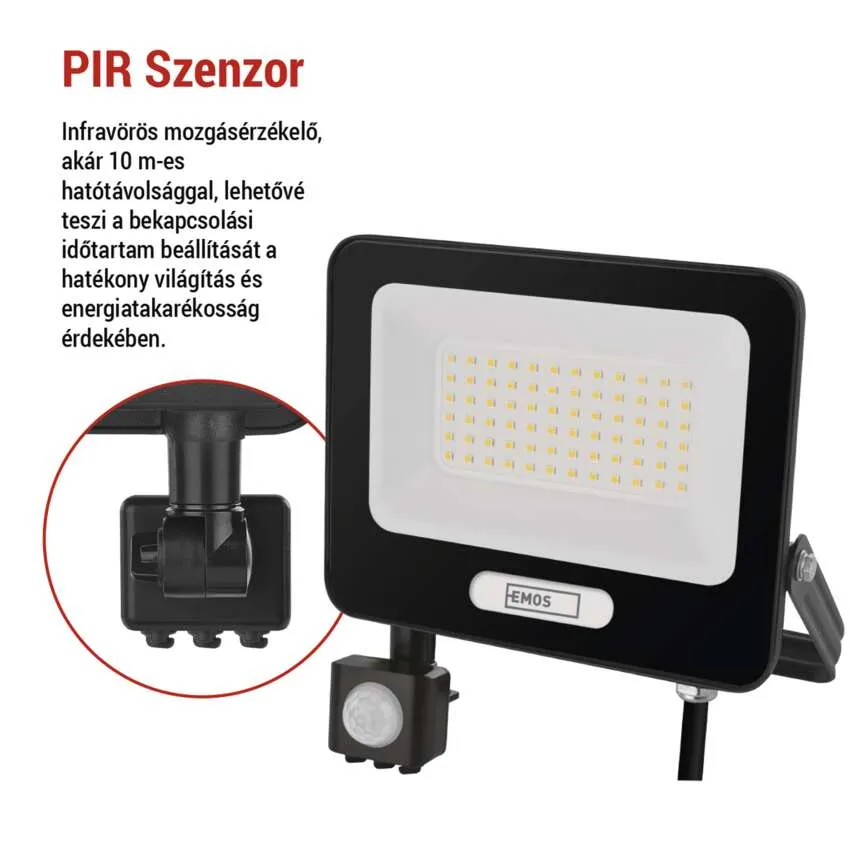 Fekete LED-es reflektor mozgásérzékelővel. Közelkép az érzékelőről.