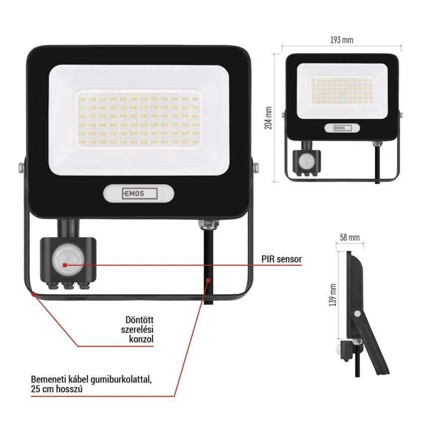 Fekete LED reflektor PIR-érzékelővel, méret 204x193x58mm. Kábellel.