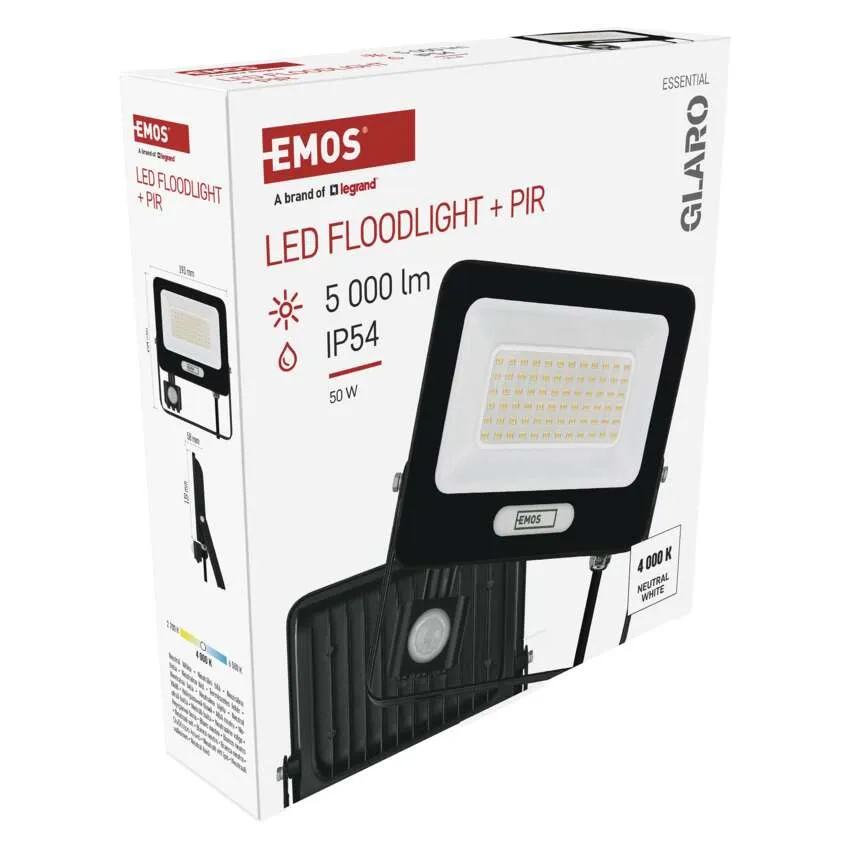 EMOS LED-es reflektor PIR-érzékelővel, 5000 lm, IP54, 50W, 4000K doboza.