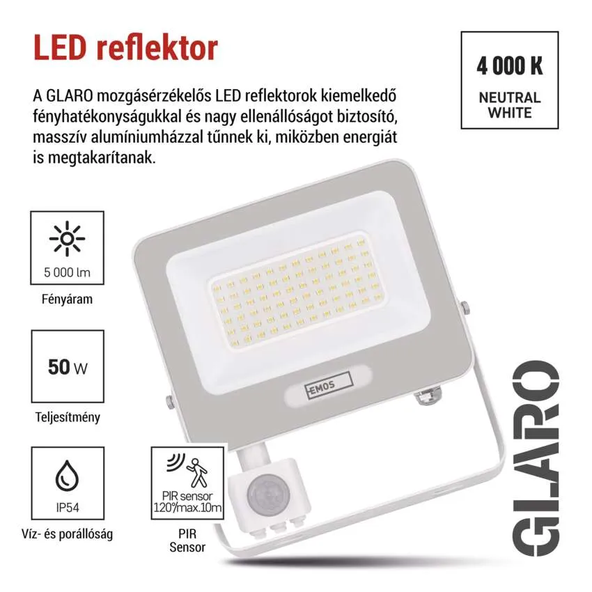 Szürke LED reflektor mozgásérzékelővel, 50W, 5000lm, IP54, 4000K semleges fehér.