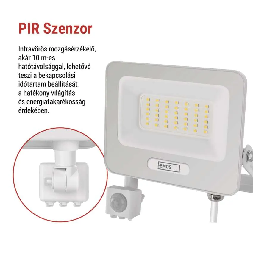 Szürke LED-es reflektor mozgásérzékelővel és magyar szöveggel.
