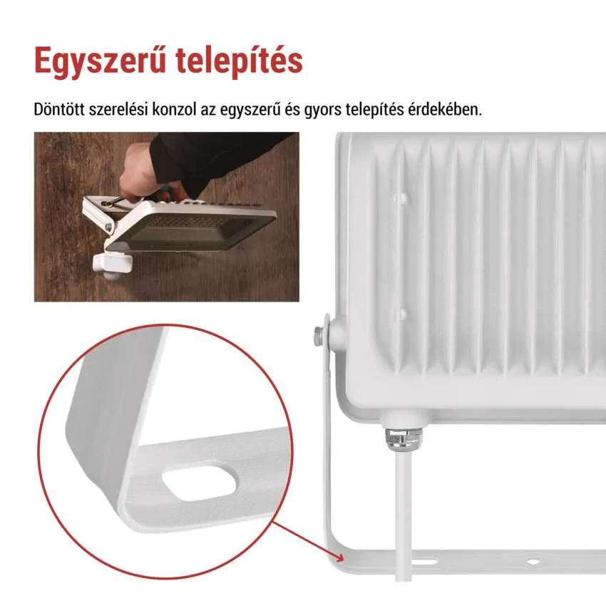 Fehér reflektor közeli képe, amelyet fa hátterűre szerelnek.