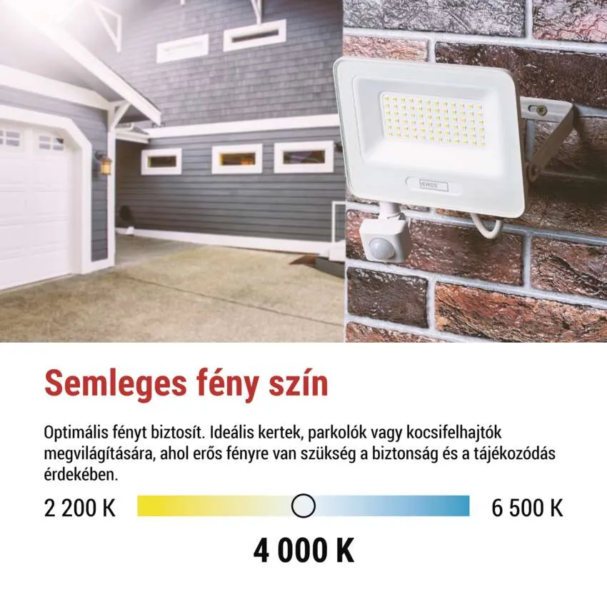 Egy fehér LED-es reflektor mozgásérzékelővel, téglafalra szerelve.