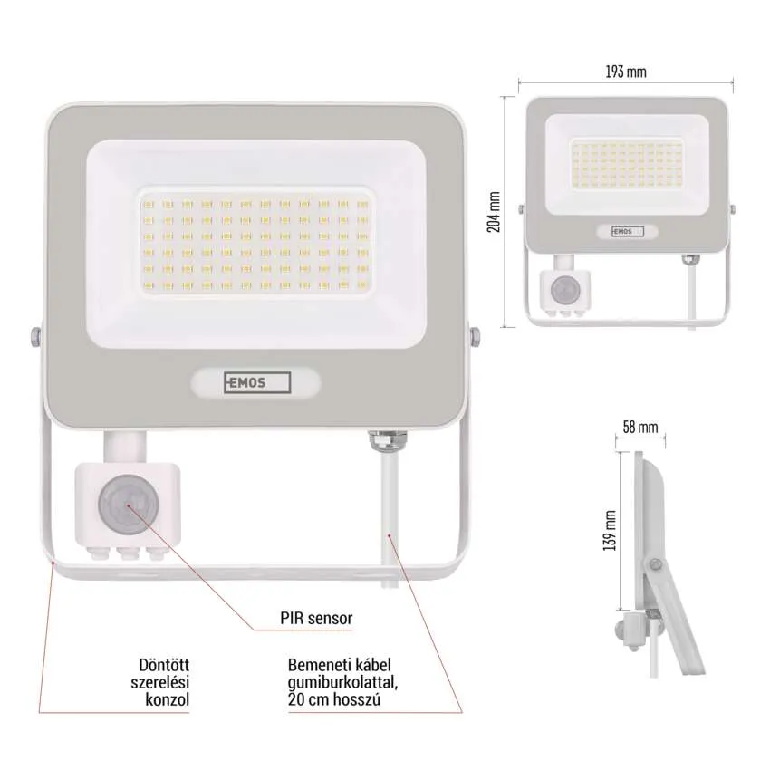 Szürke LED-reflektor PIR-érzékelővel, méretek 193x204x58mm.