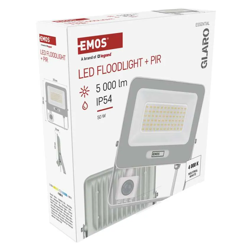 EMOS LED-es reflektor PIR-érzékelővel, 5000 lm, IP54, 50W, 4000K fehér.
