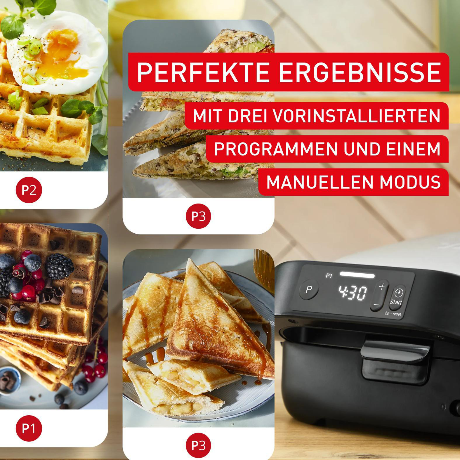 Waffeln, Sandwiches und ein Sandwichmaker mit Display werden gezeigt.