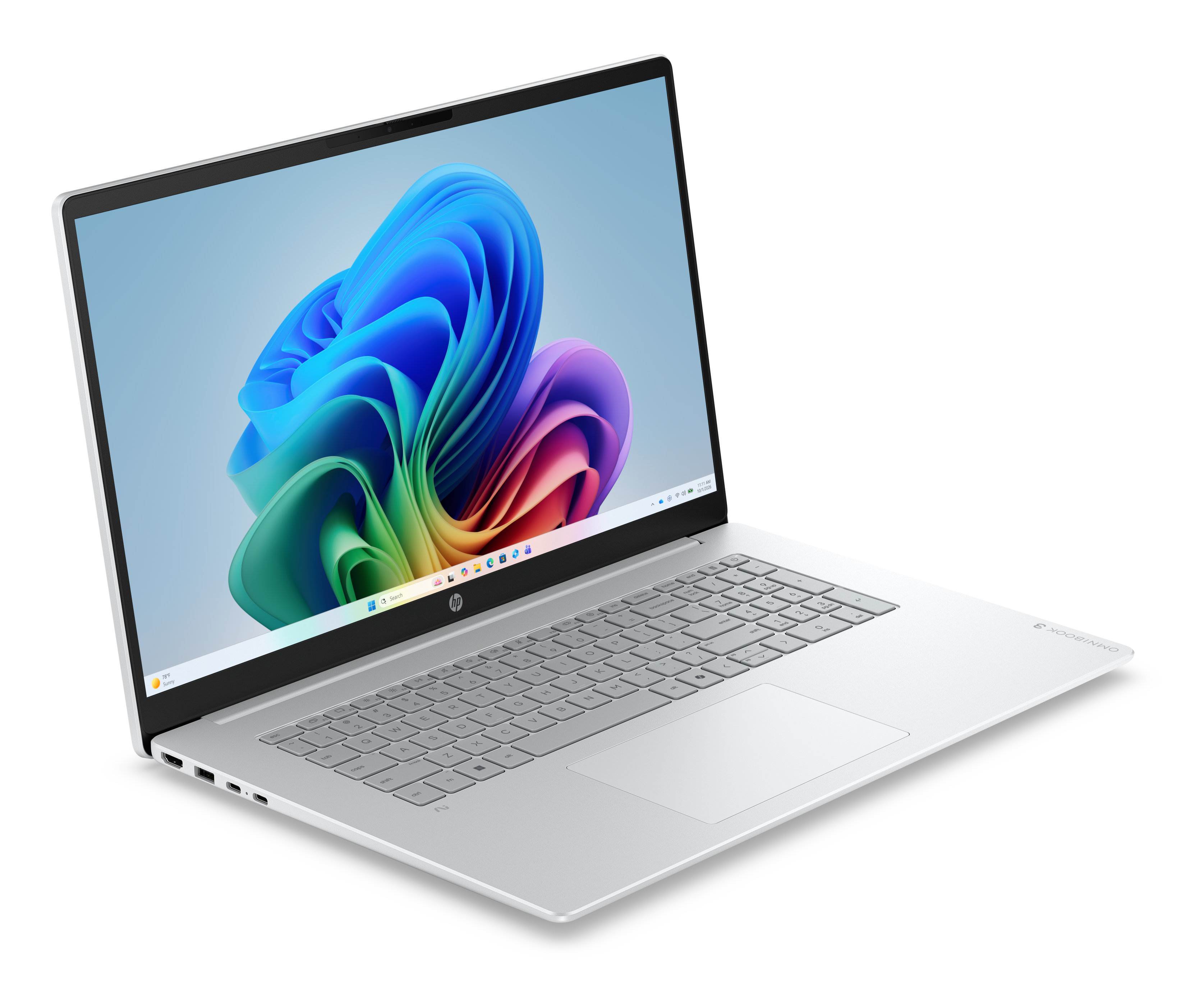 Ein offener silberner Laptop mit einem bunten Desktop-Hintergrund und einer Tastatur.
