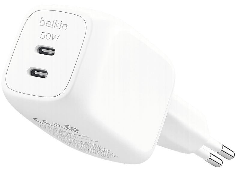 Cargador de pared - Belkin WCH019dqWH, 50W, Compatibles dispositivos con carga USB-C, 2 puertos tipo Blanco