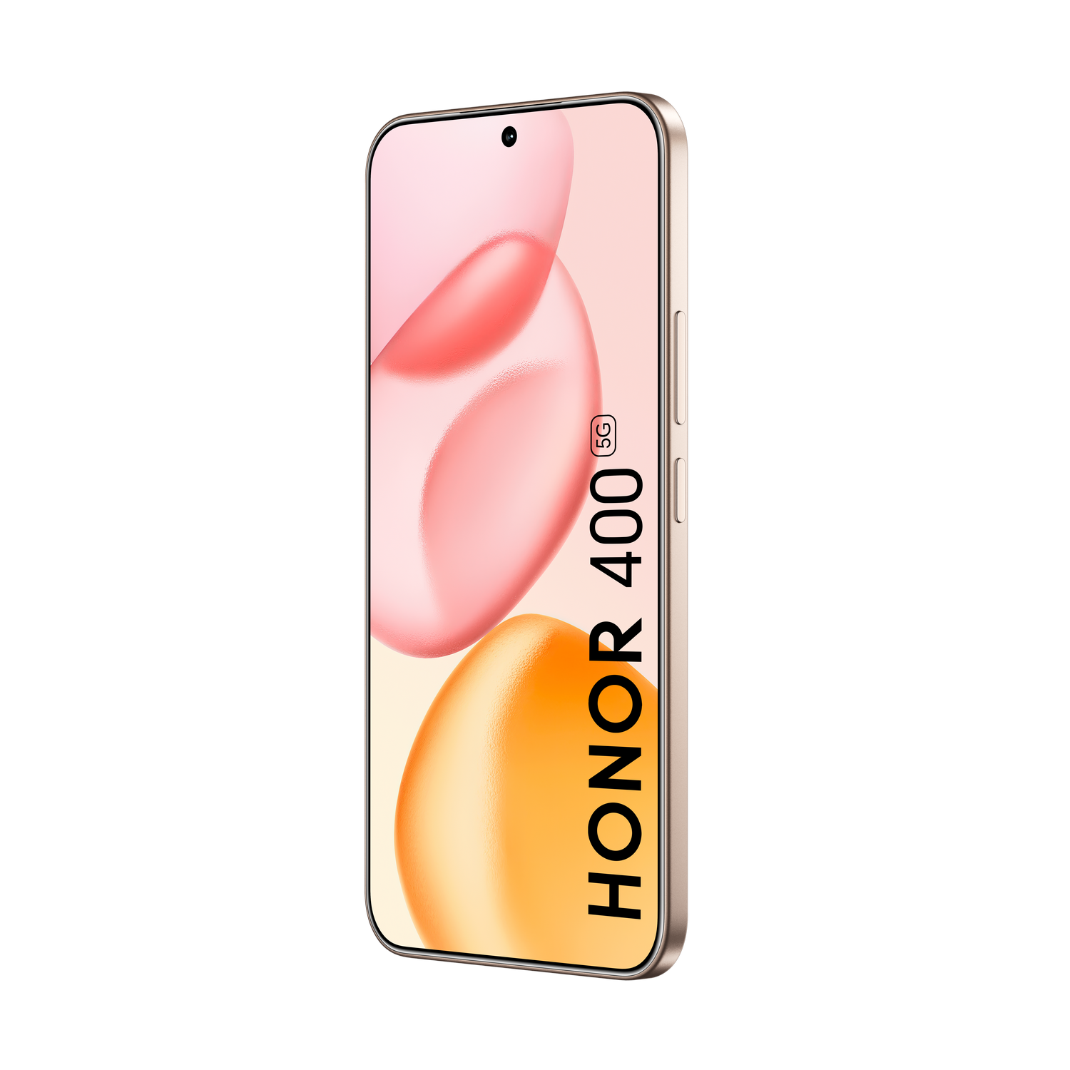 Un smartphone Honor 400 5G dorado con fondo rosa y naranja.