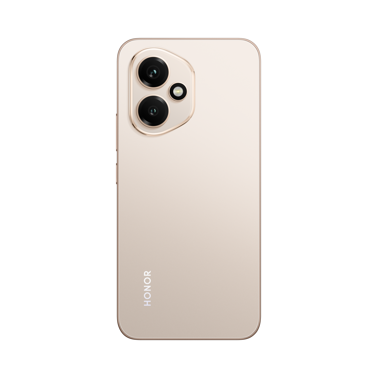 Parte trasera de un smartphone dorado claro con logo HONOR y tres cámaras.