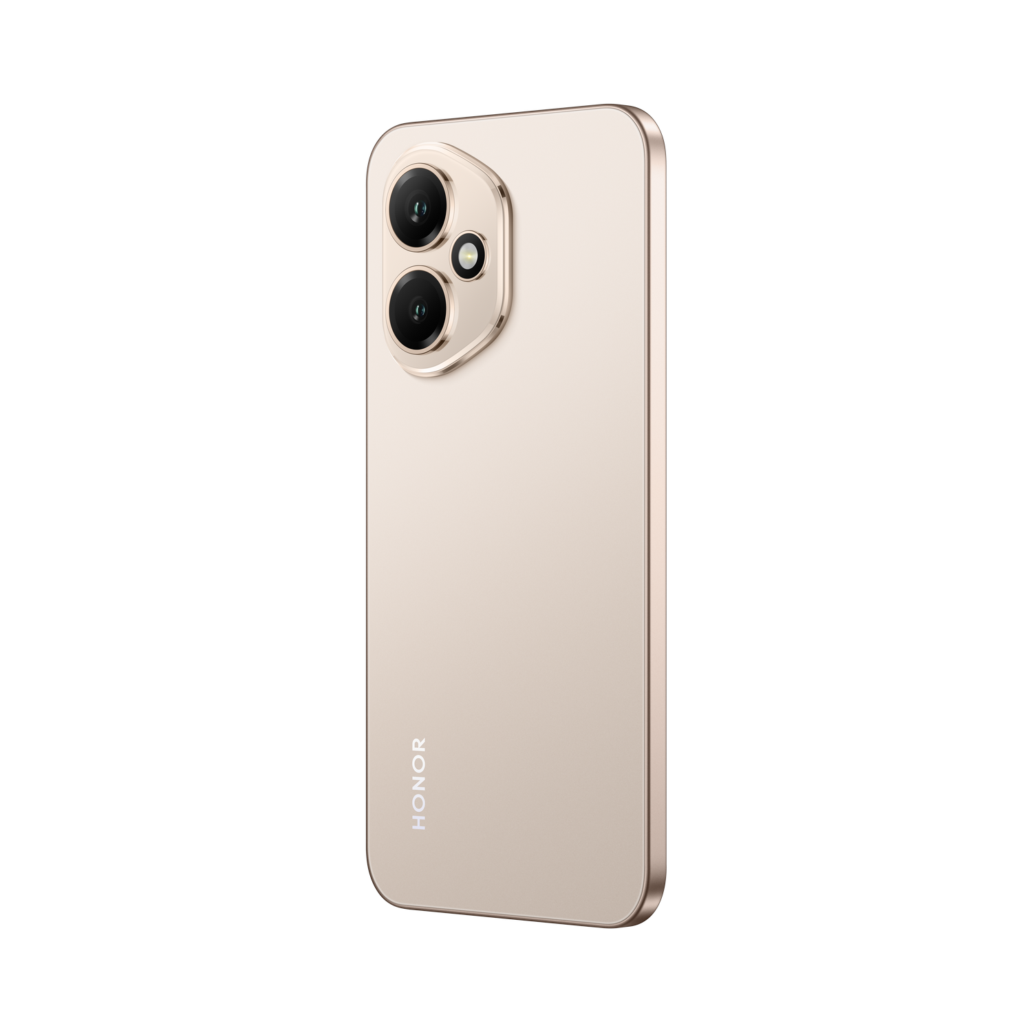 Un smartphone dorado con doble cámara trasera sobre fondo gris.