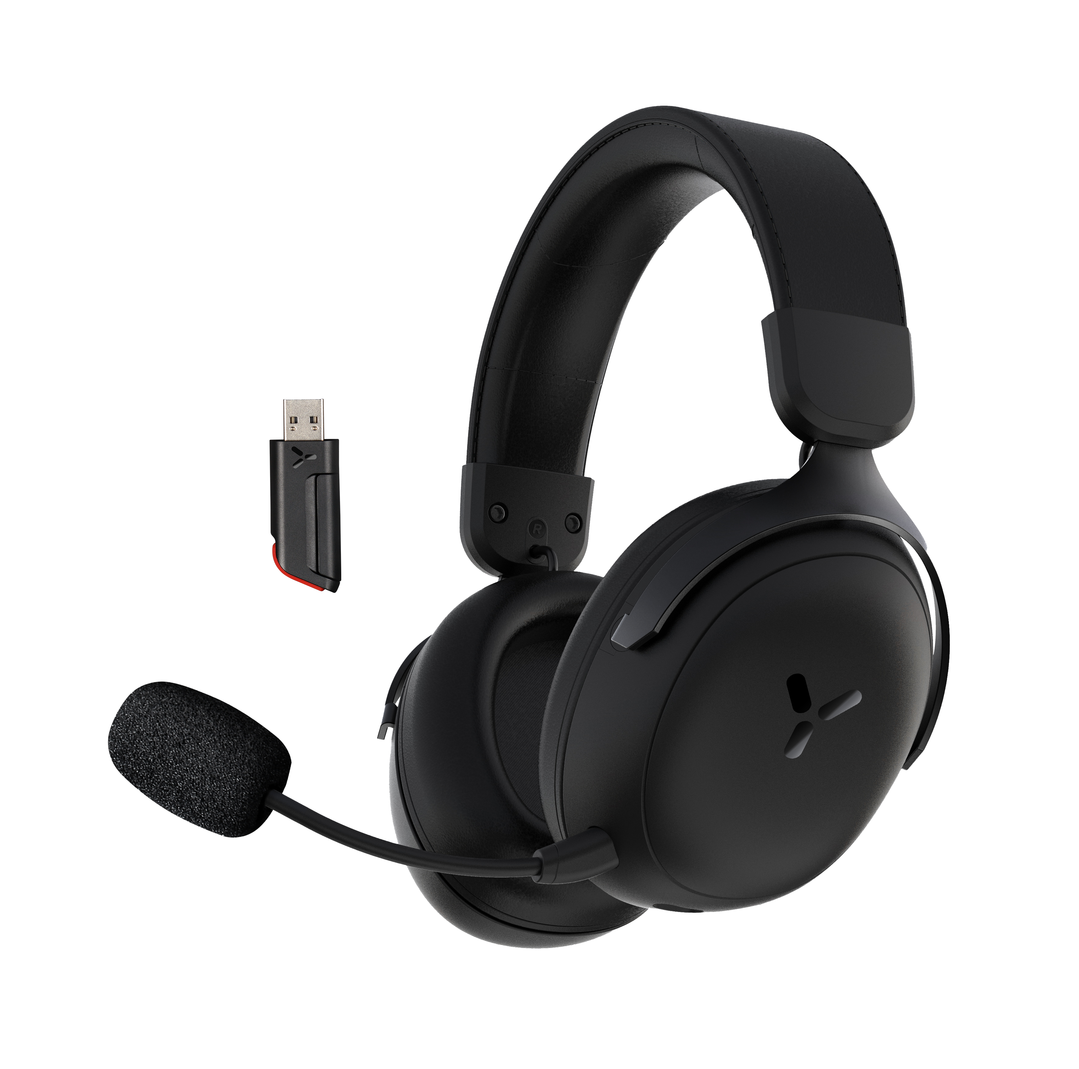 Ein schwarzes Headset mit Mikrofon und USB-Dongle auf schwarzem Hintergrund.