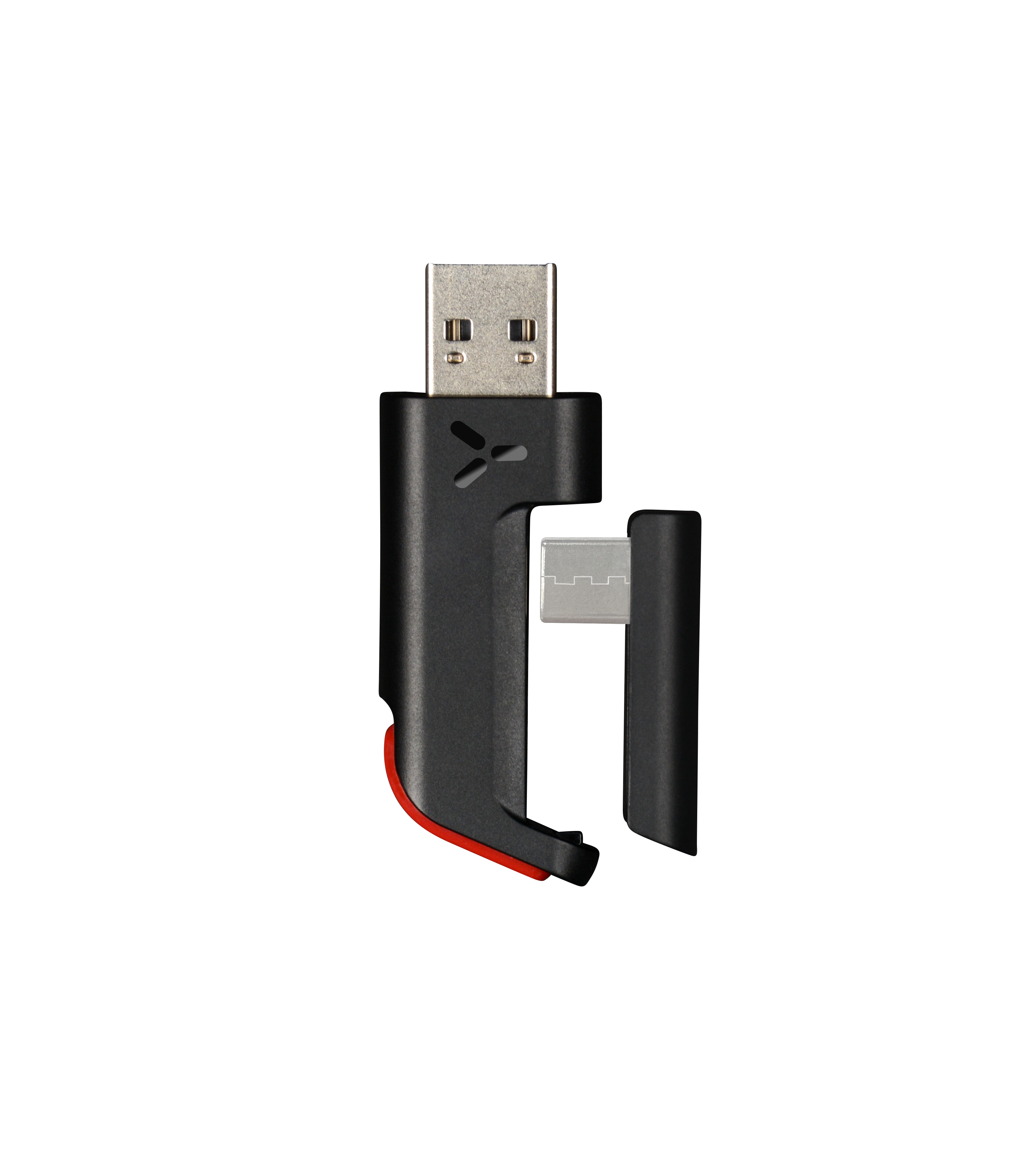 Ein schwarzer USB-Adapter mit roter Akzentlinie und silbernen Anschlüssen.