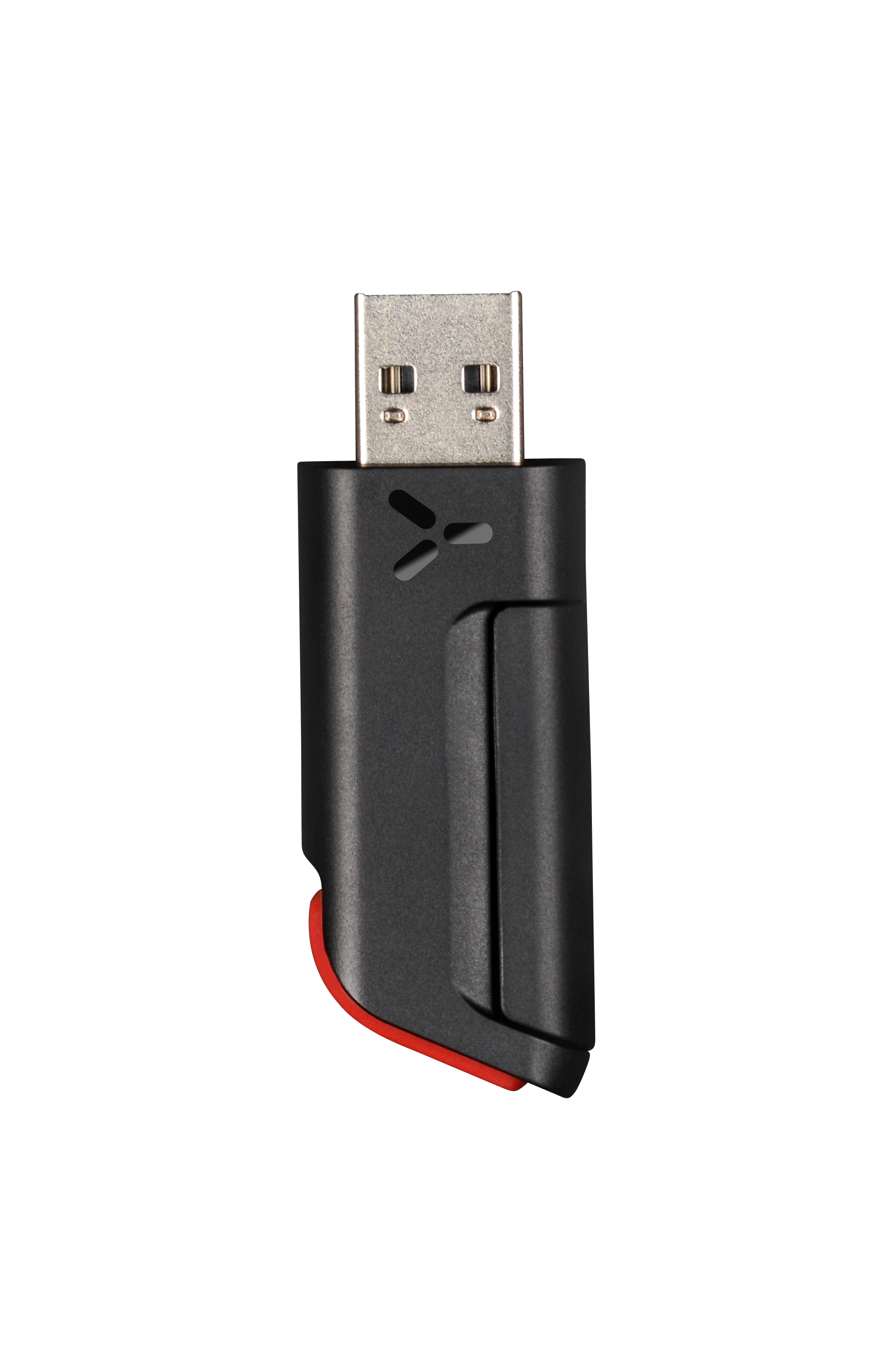 Schwarzer USB-Stick mit rotem Akzent und Metallstecker.