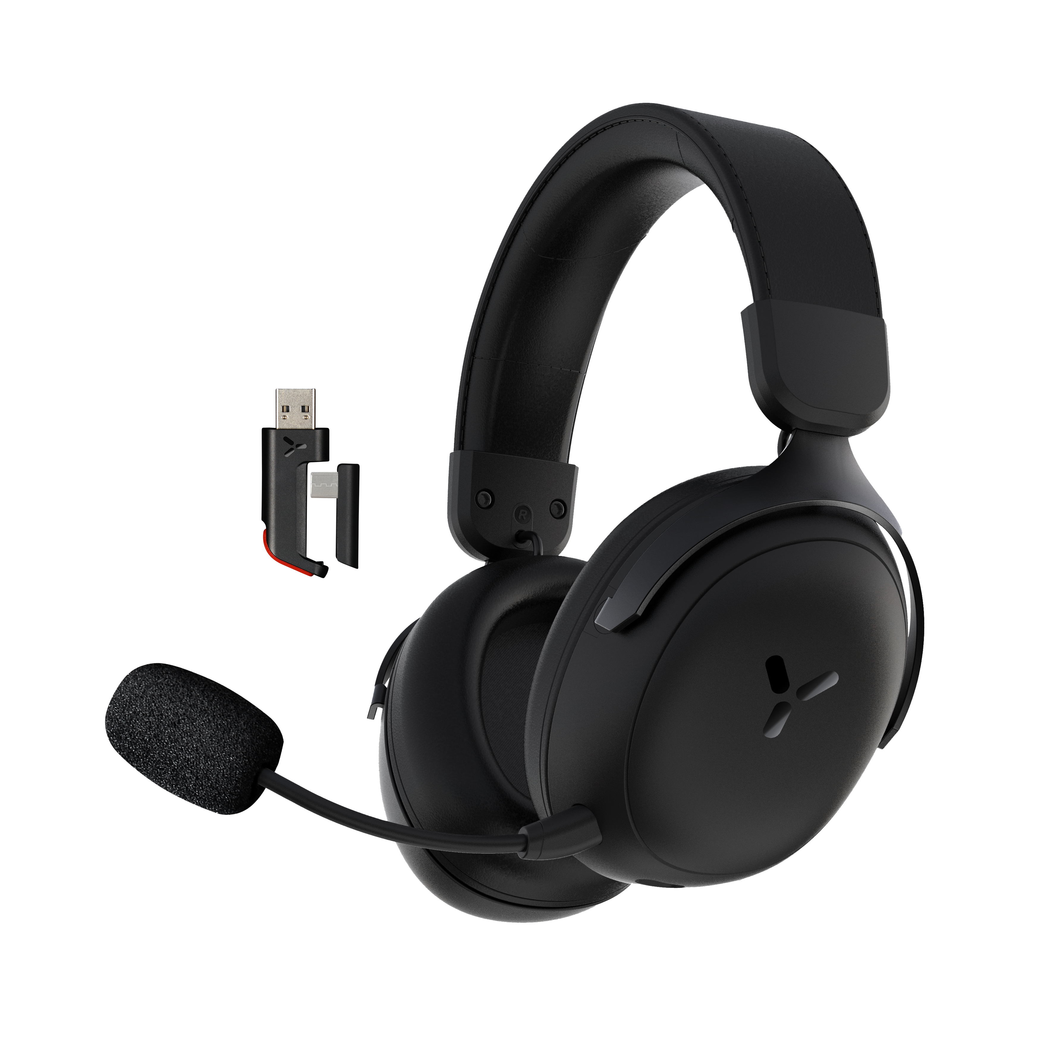 Schwarze Over-Ear-Kopfhörer mit Mikrofon und USB-Dongle auf schwarzem Hintergrund.