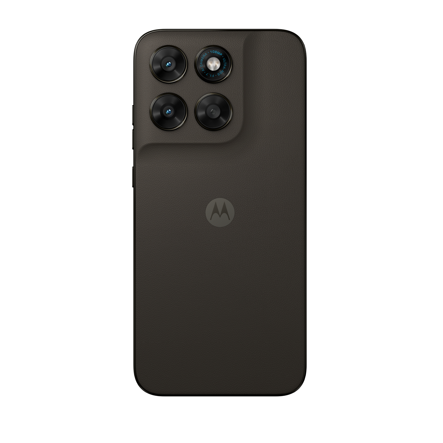 Parte trasera de un smartphone oscuro con cuatro cámaras y logo Motorola.