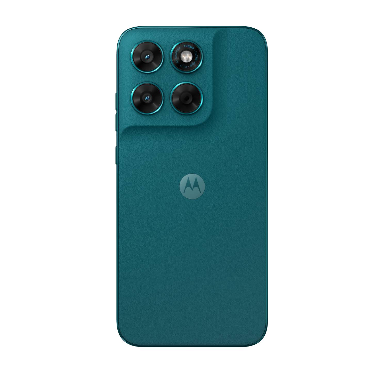 Un smartphone verde azulado con configuración de cuatro cámaras y logo de Motorola.