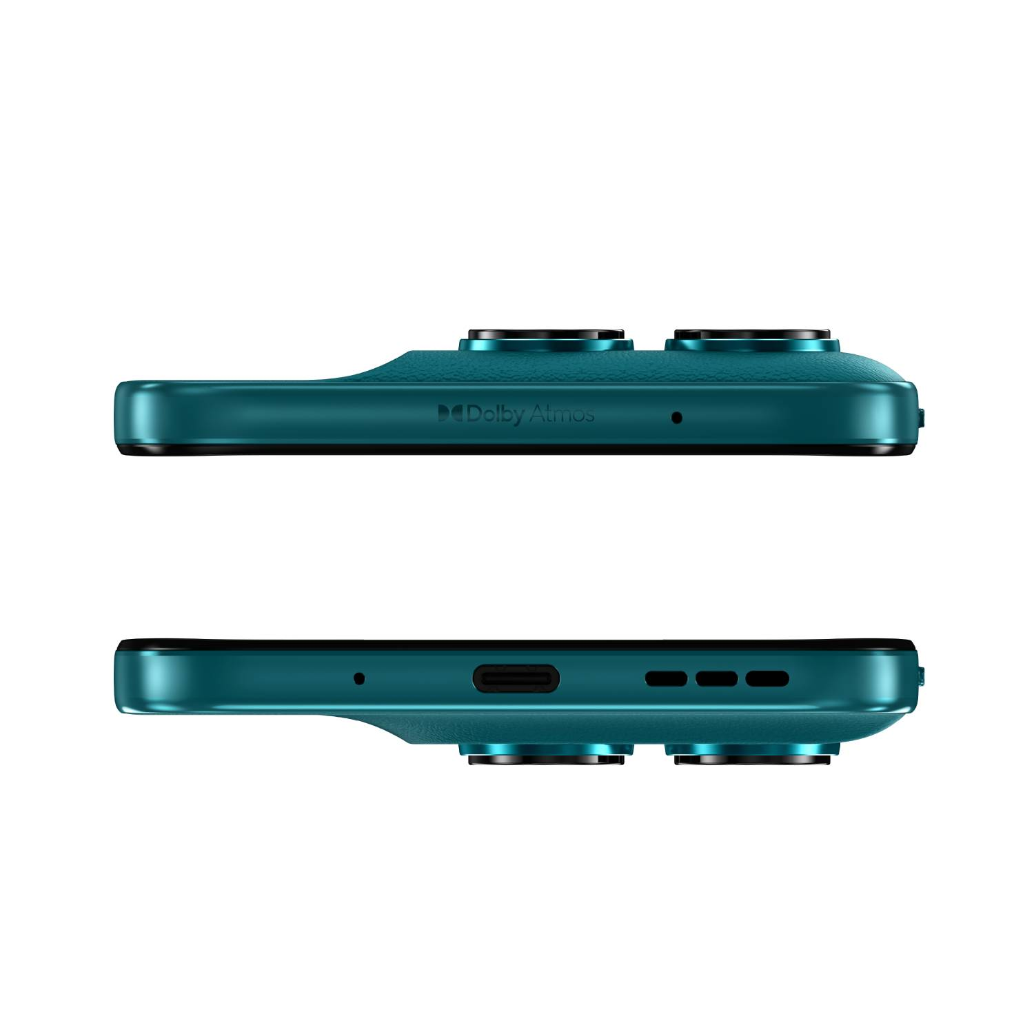 Un smartphone verde azulado visto desde arriba y abajo, con logo Dolby Atmos.