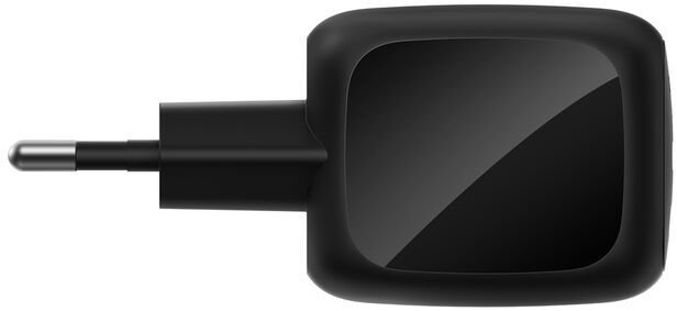 Un adaptador de corriente negro con un pin plateado y una superficie lisa.