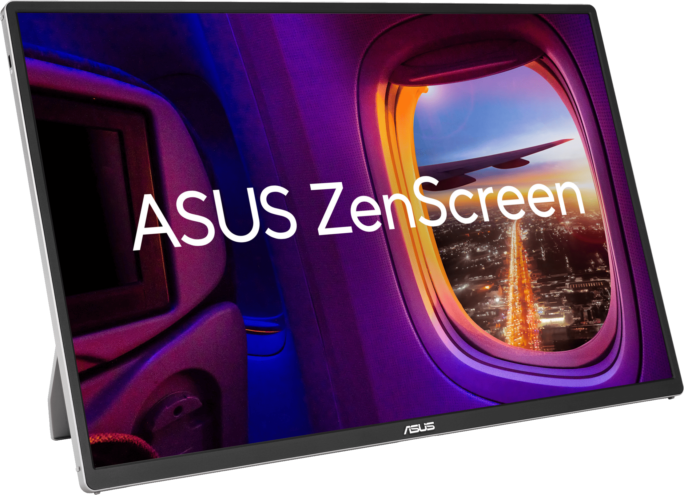 Uno schermo di un laptop che mostra una vista notturna della città da un oblò di un aereo.