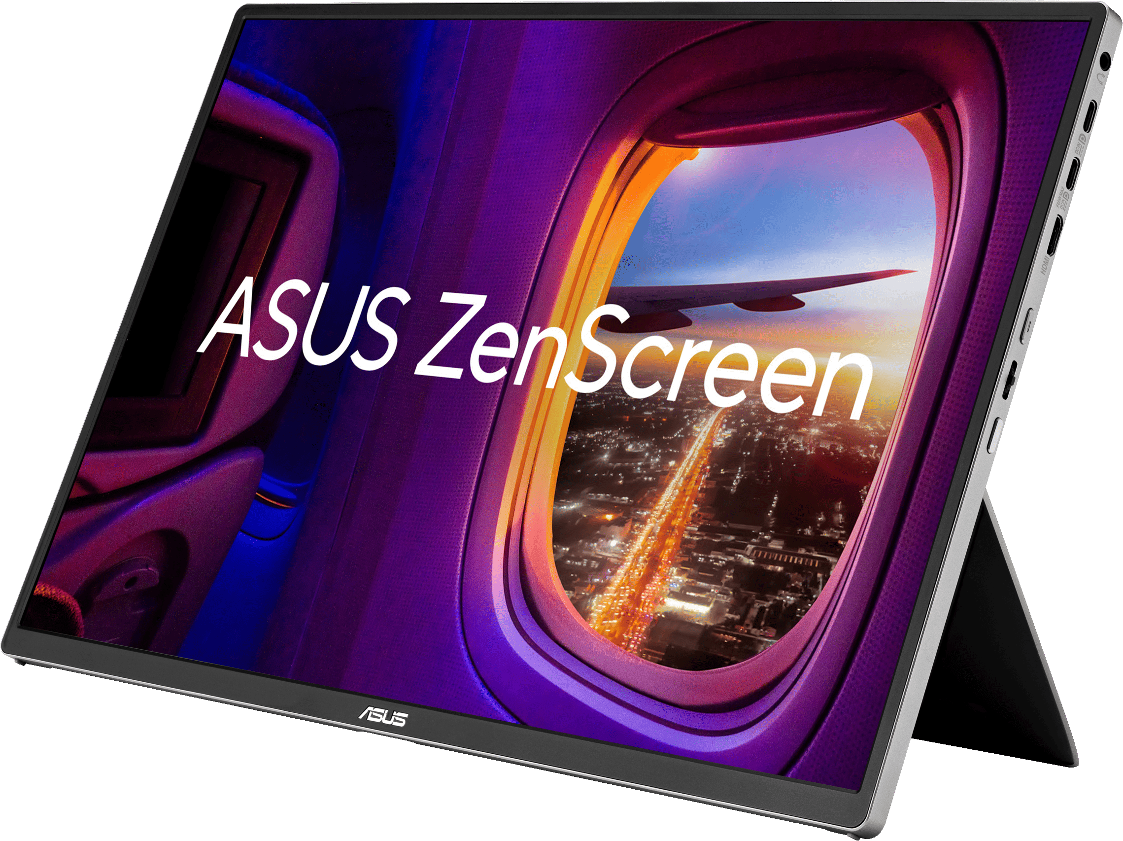 Un monitor portatile Asus ZenScreen mostra la vista notturna di una città da un oblò di aereo.