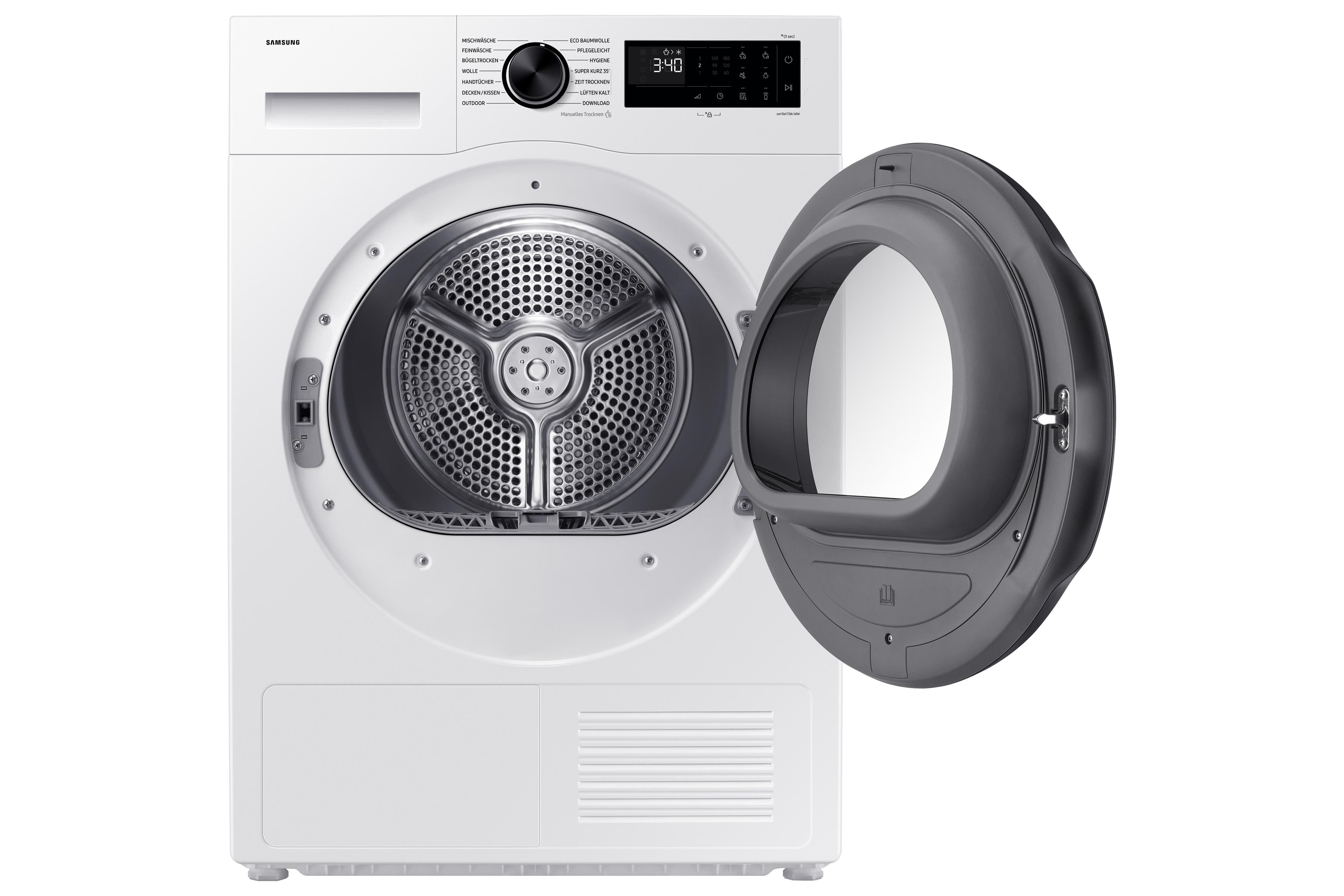 Eine weiße Samsung Wäschetrockner mit geöffneter Tür und Trommel.