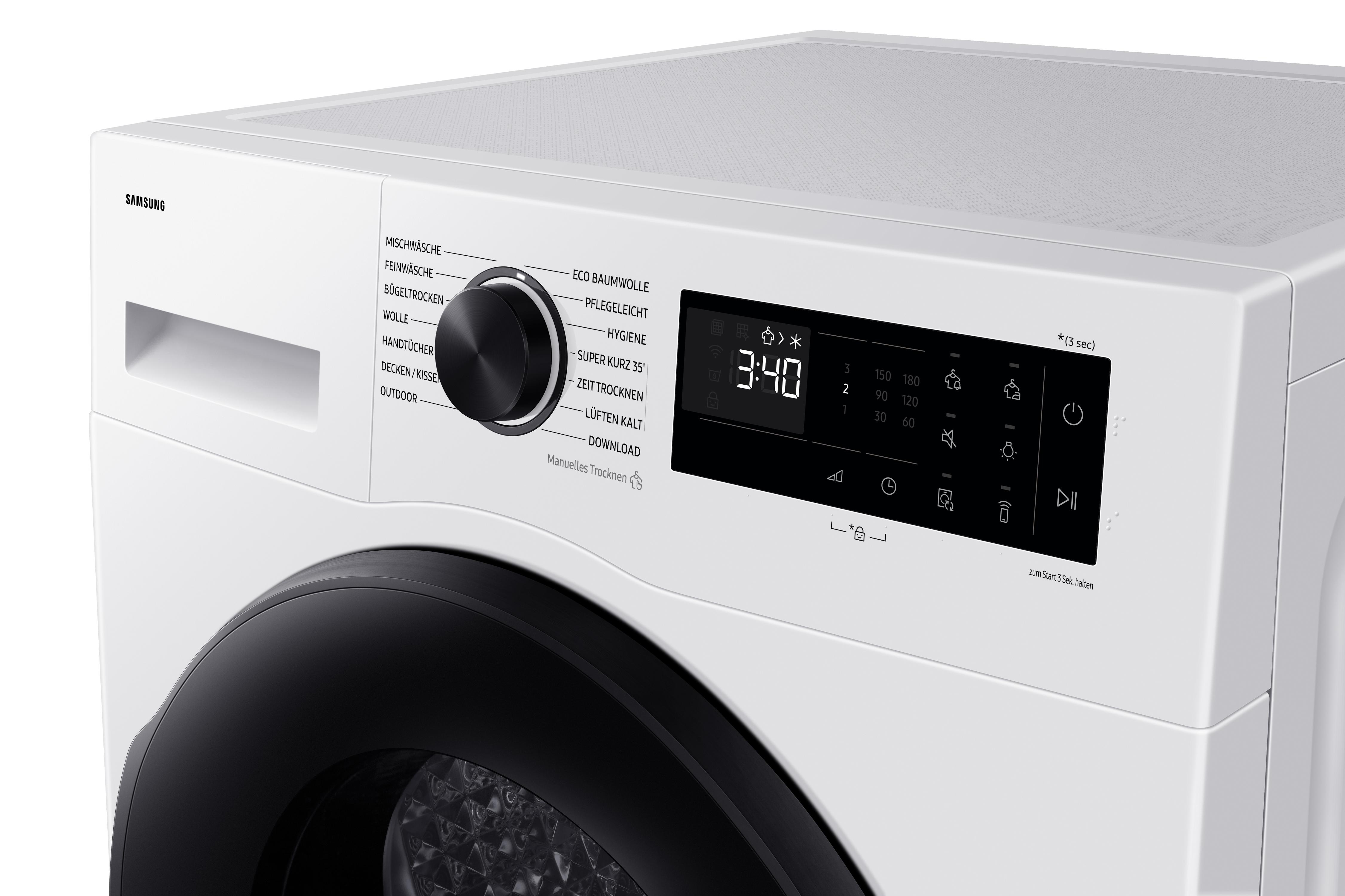 Eine weiße Samsung Waschmaschine mit schwarzem Drehknopf und digitalem Display.