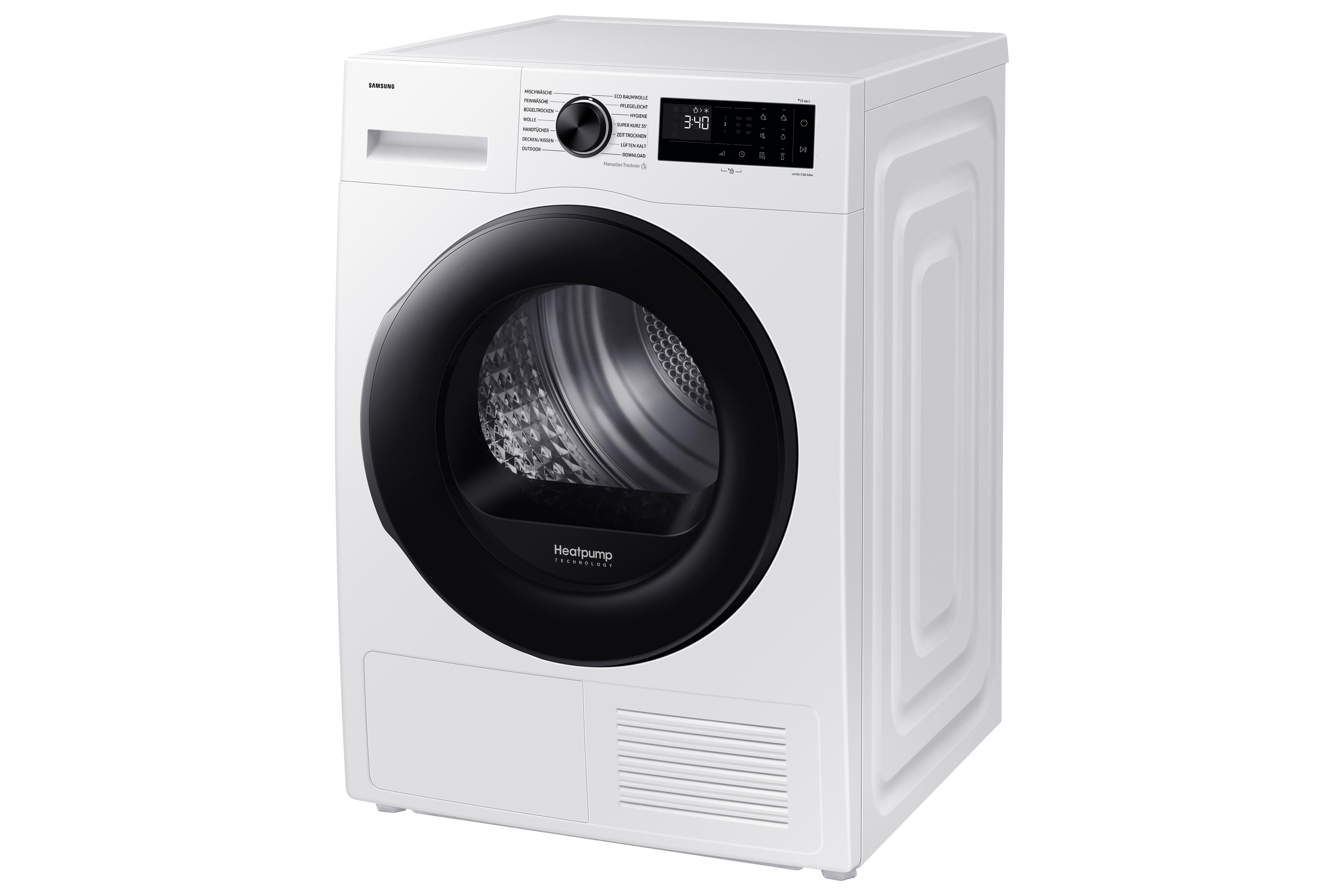 Ein weißer Samsung Wäschetrockner mit schwarzer Tür und Bedienfeld.