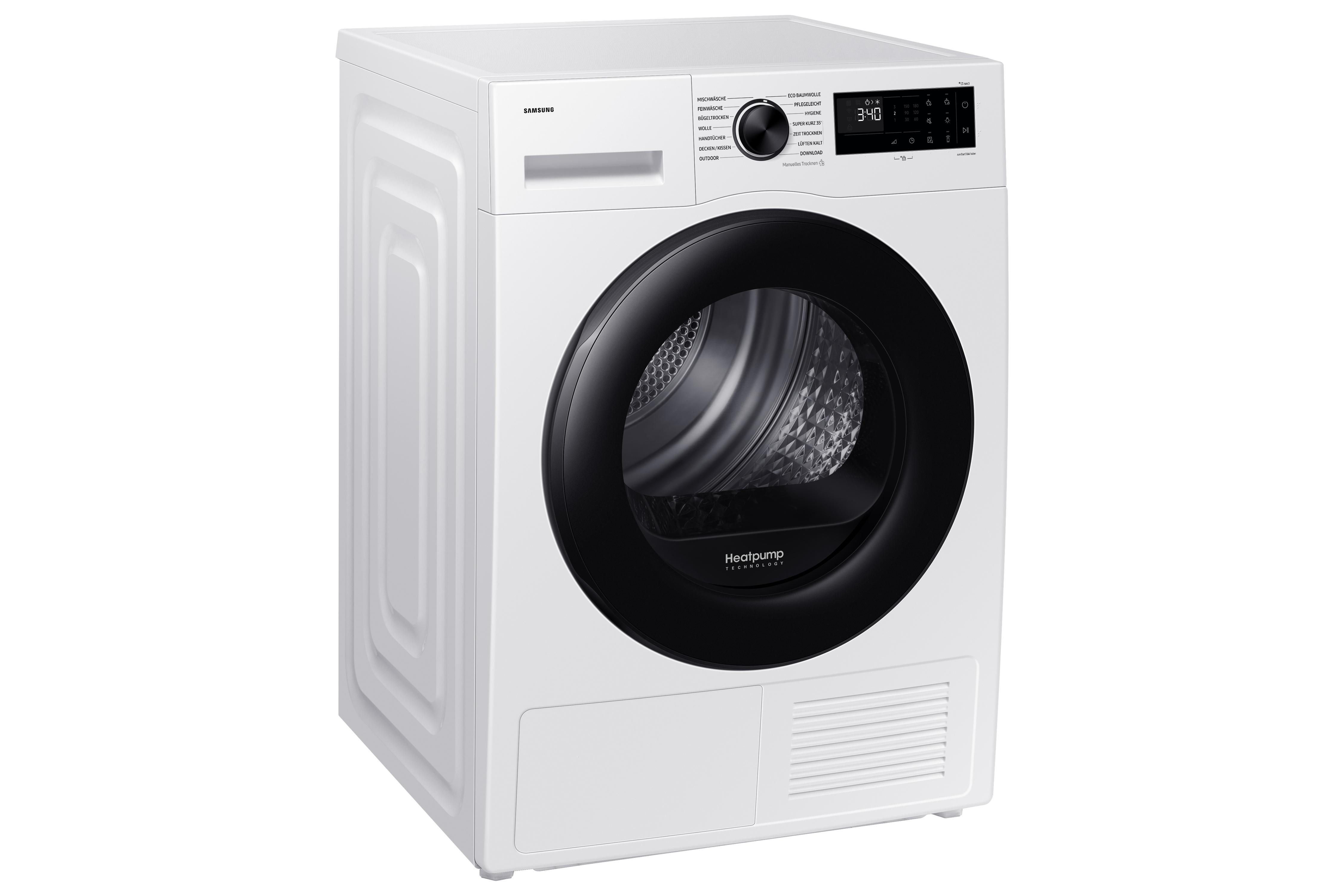 Eine weiße Samsung Wärmepumpentrocknermaschine mit schwarzer Tür und Display.