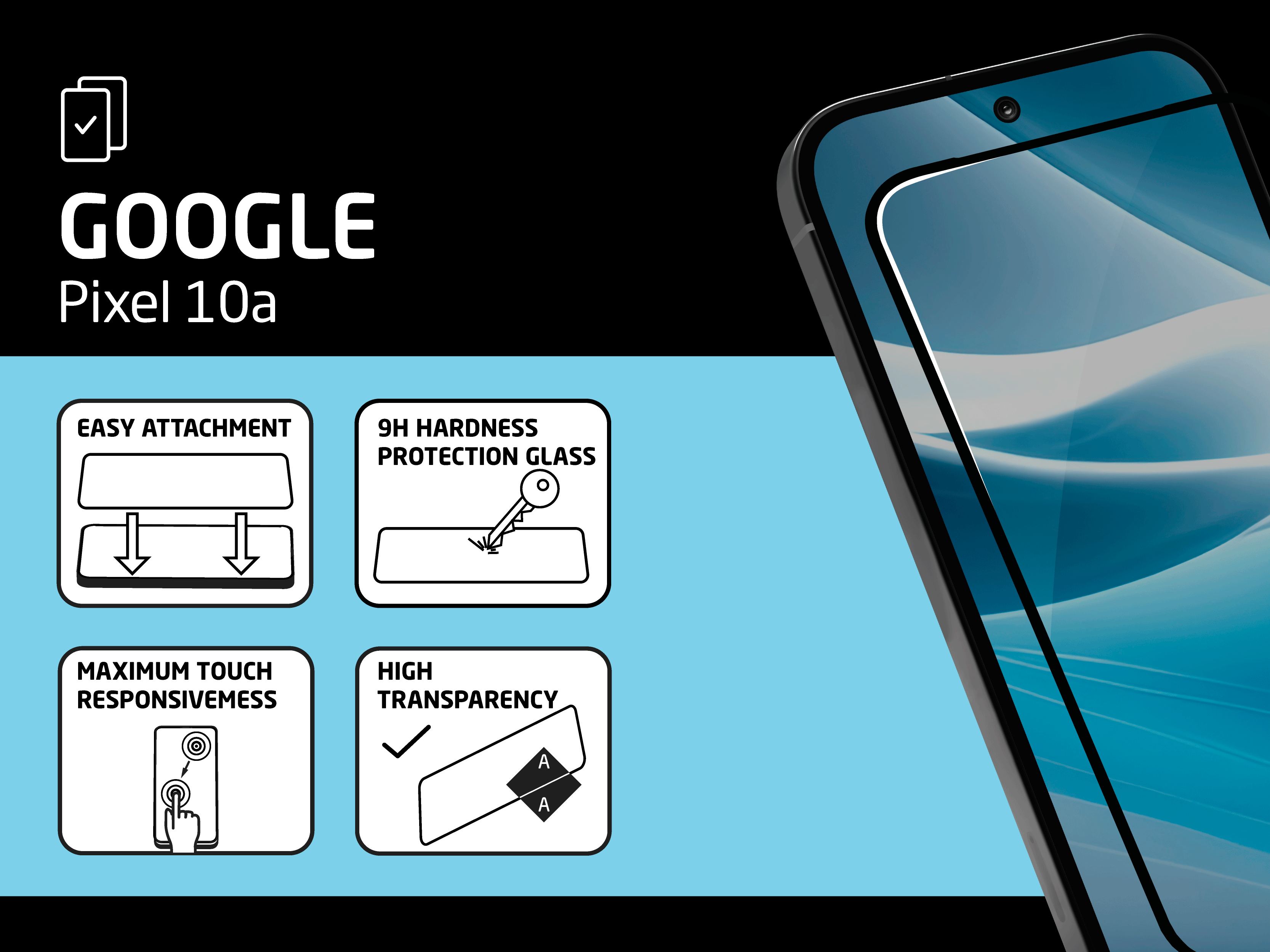 Google Pixel 10a mit Schutzfolien-Features: einfache Anbringung, 9H Härte, Touch und Transparenz.